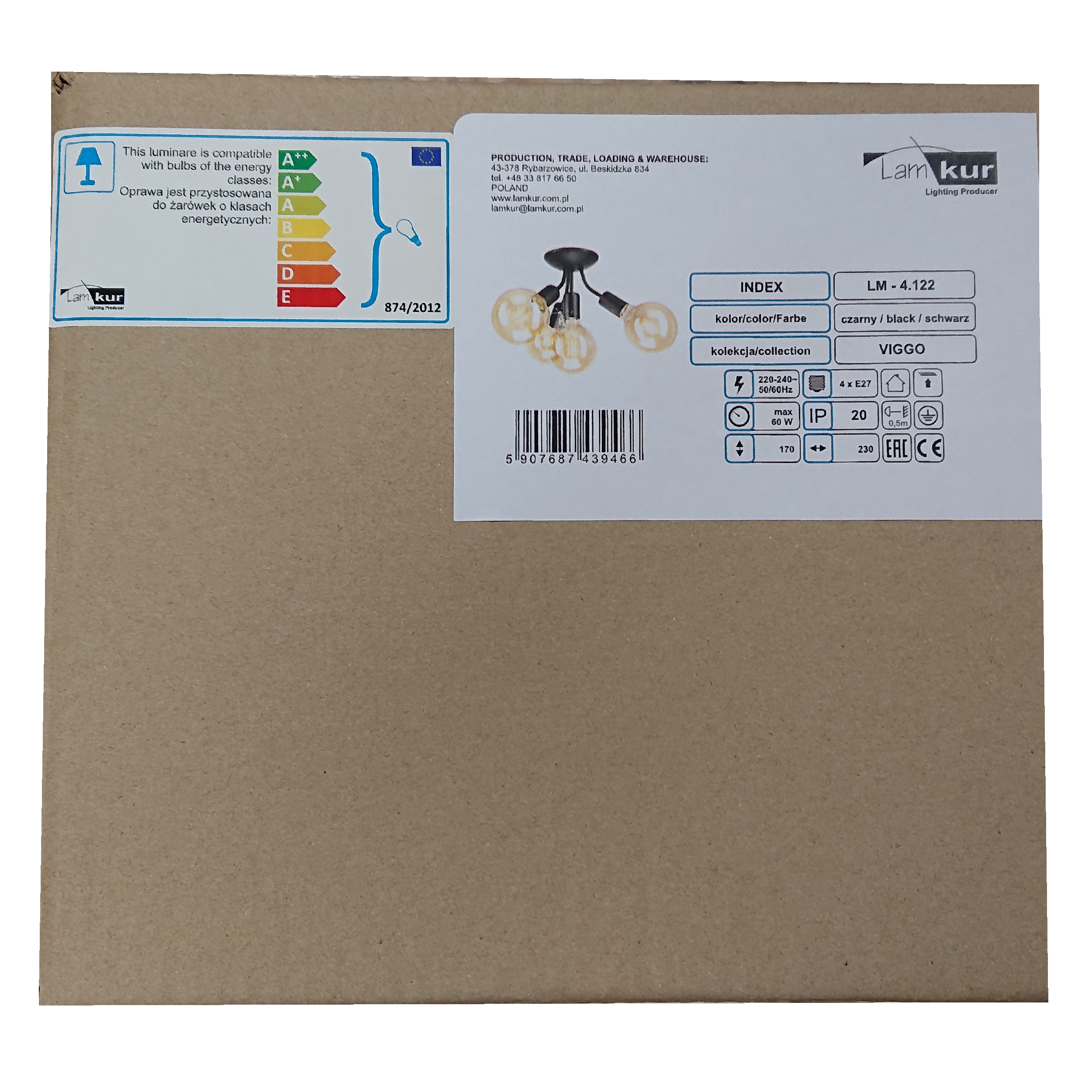 Lampa sufitowa Viggo czarna 4 x E27 Lamkur - 8