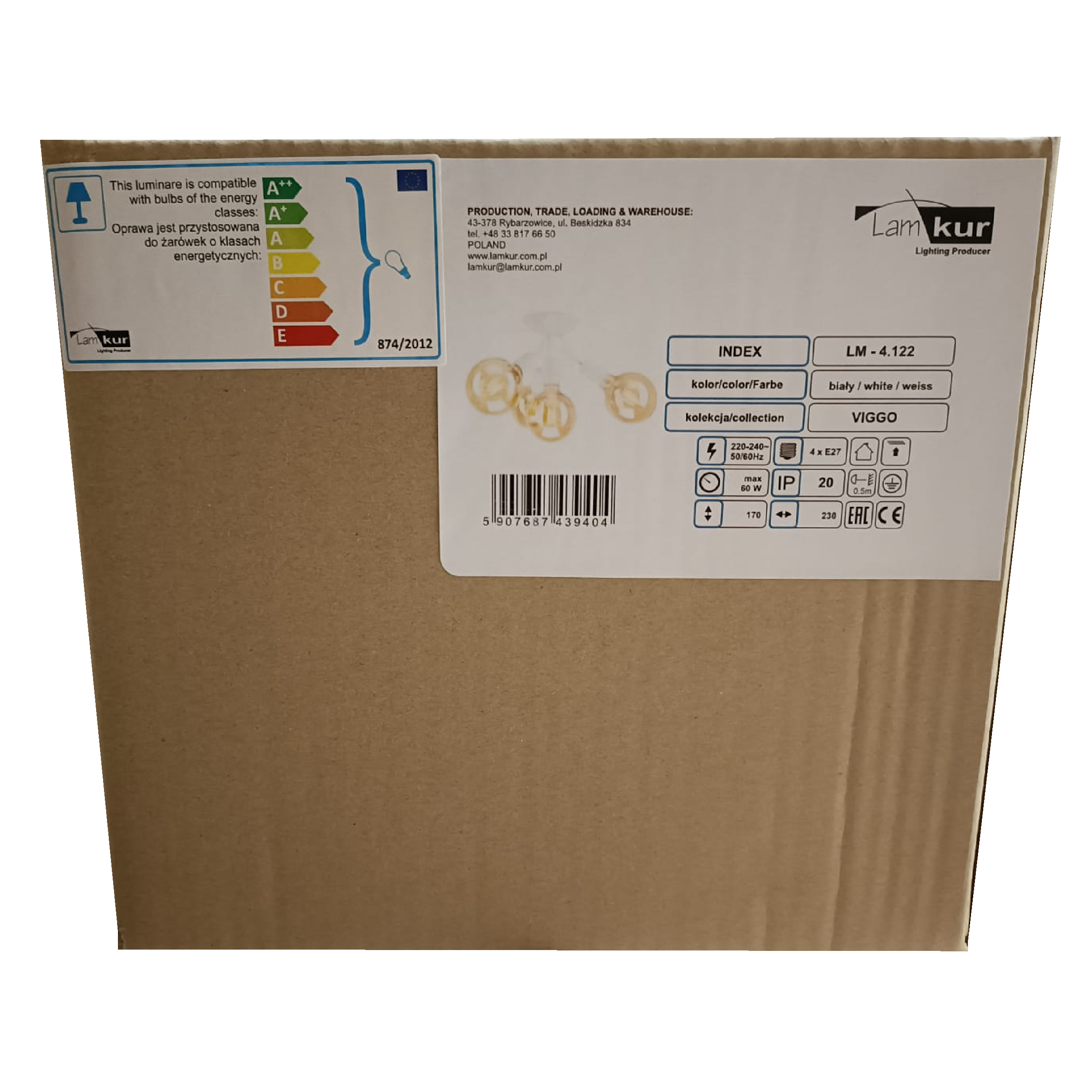 Lampa sufitowa Viggo biała 4 x E27 Lamkur - 7