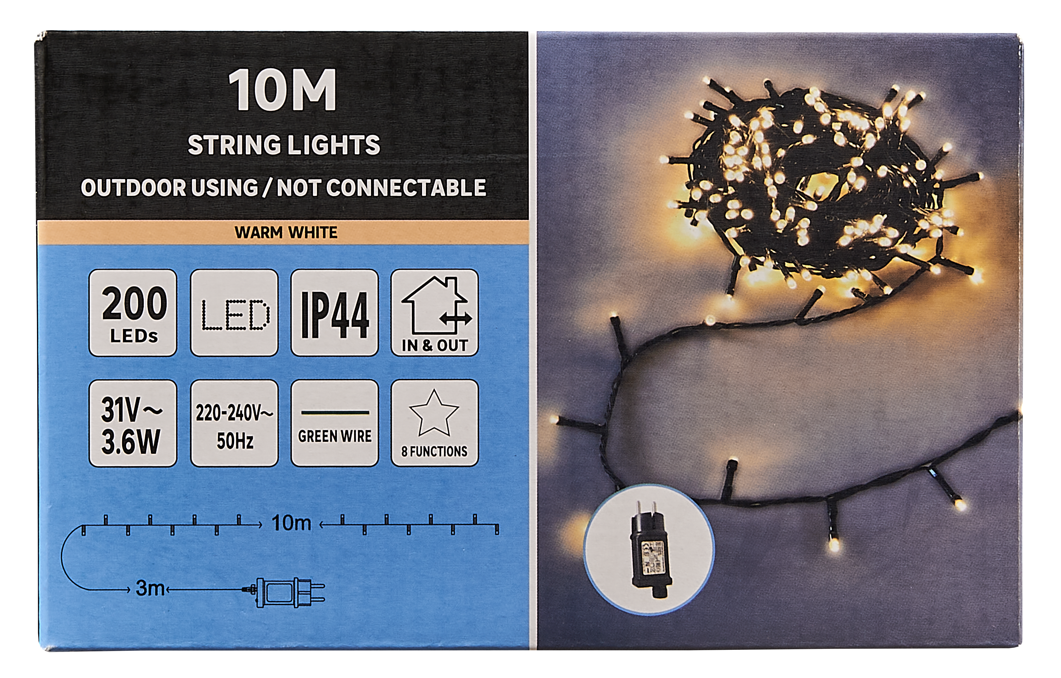 Lampki choinkowe zewnętrzne 10m 200 LED ciepła biel 8 funkcji - 5