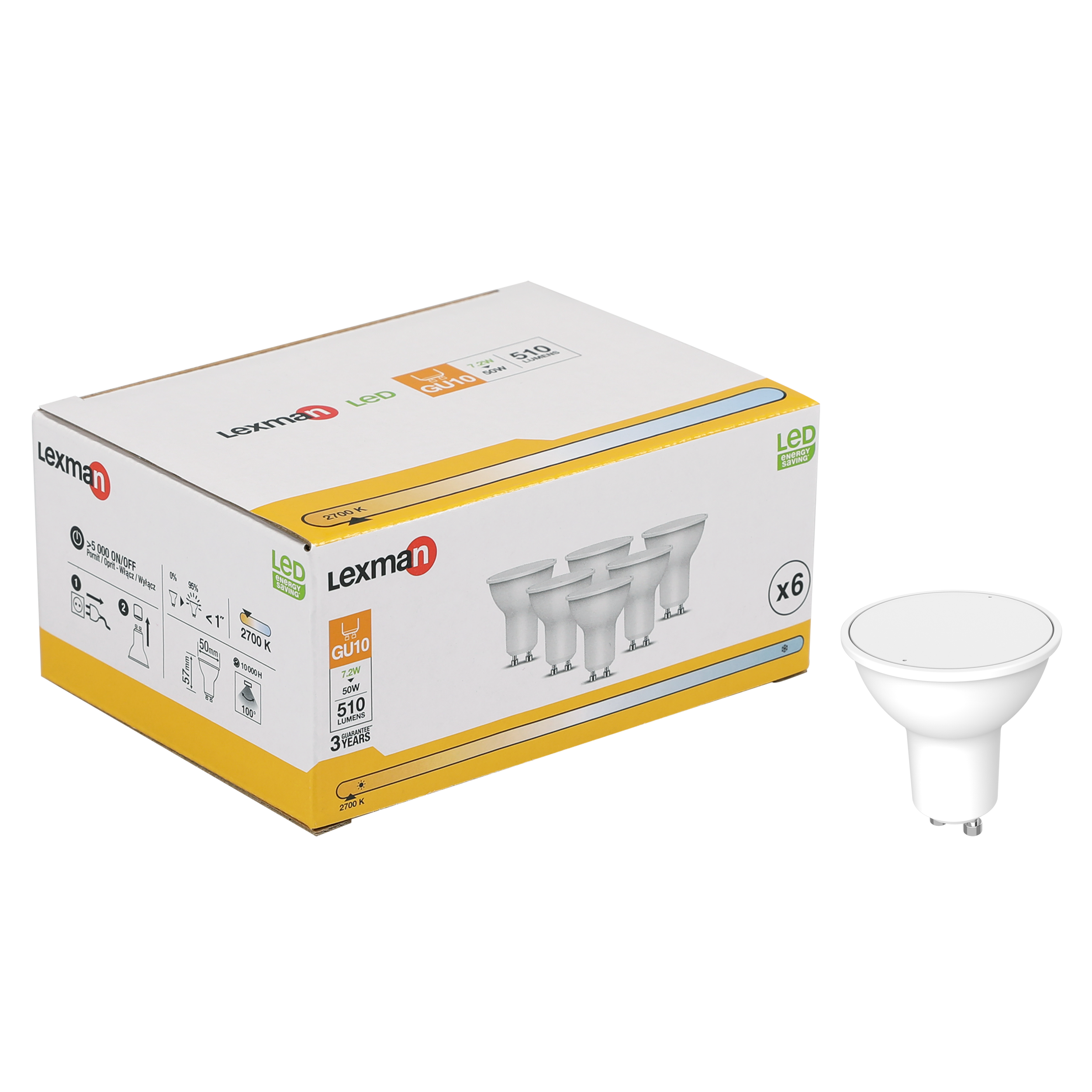 Kit de 6 bombillas LED LEXMAN con casquillo GU10 de 7,2W 2700K | Leroy ...