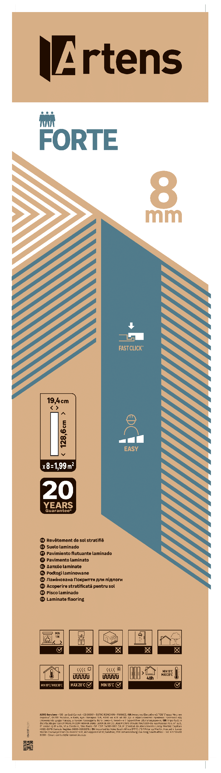 Pavimento laminato effetto legno larice chiaro, AC4 classe 32, sp. 8 mm, ARTENS Westport, 1.99 m² - 52