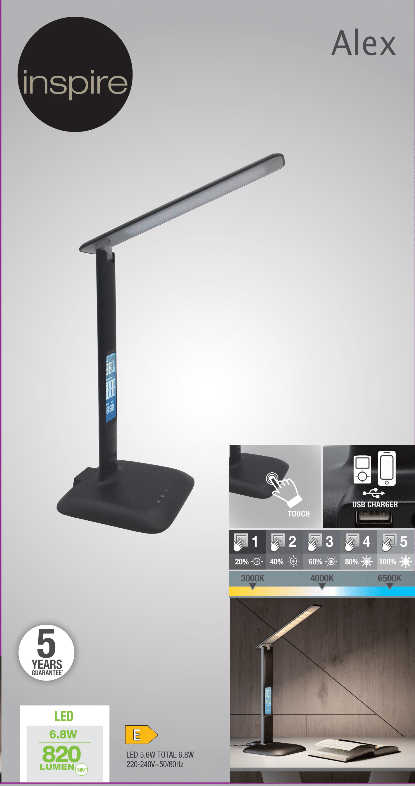 Lampa biurkowa czarna 820 lm LED Inspire - 8
