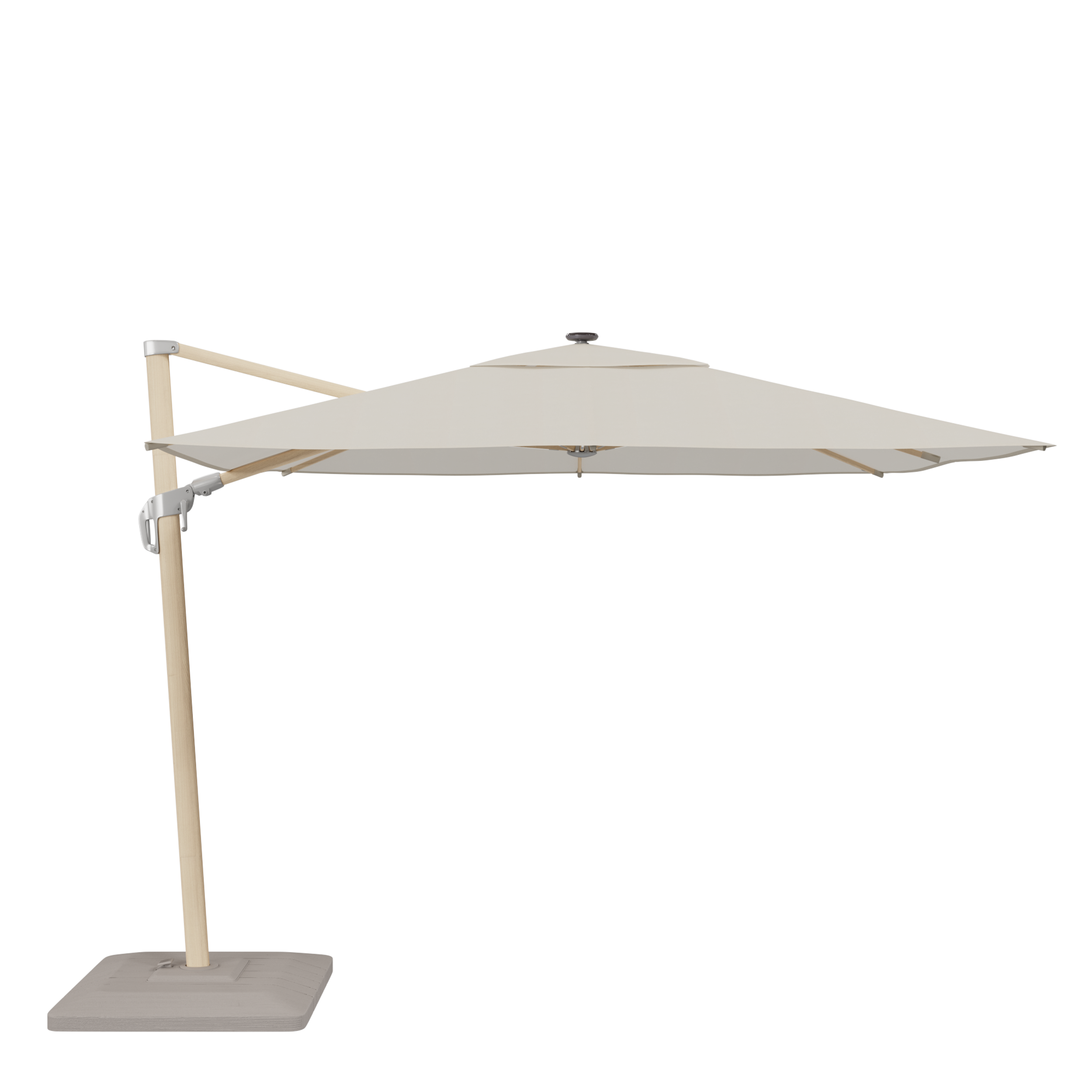 Parasol excéntrico cuadrado de aluminio naterial sonora blanco 290 cm + 4 pies de parasol gomo cuadrado de cemento de 26 kg