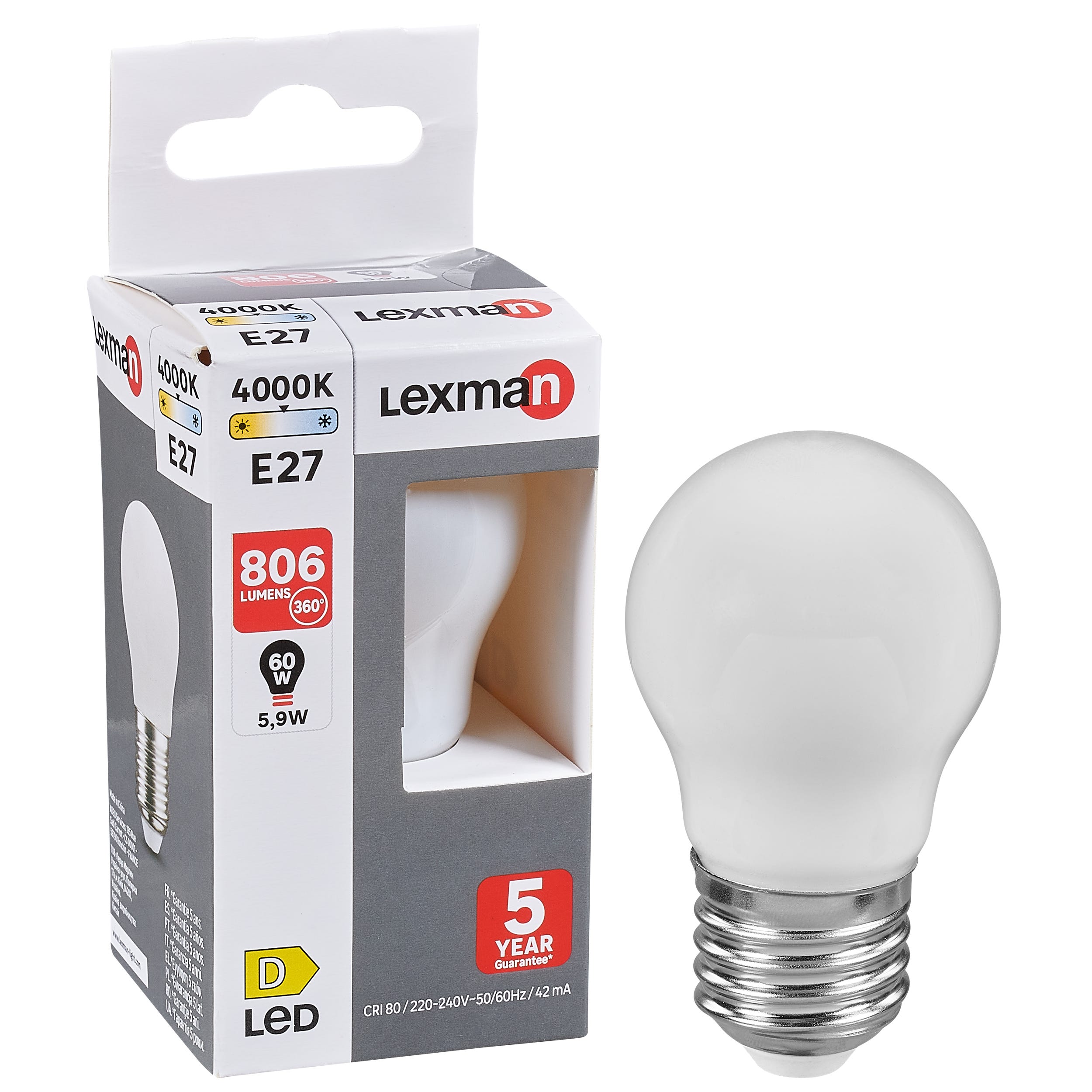Ampoule Led Sph rique E27 806lm 60W Blanc Neutre LEXMAN Leroy ampoule-led-sph-rique-e27-806lm-60w-blanc-neutre-lexman-leroy