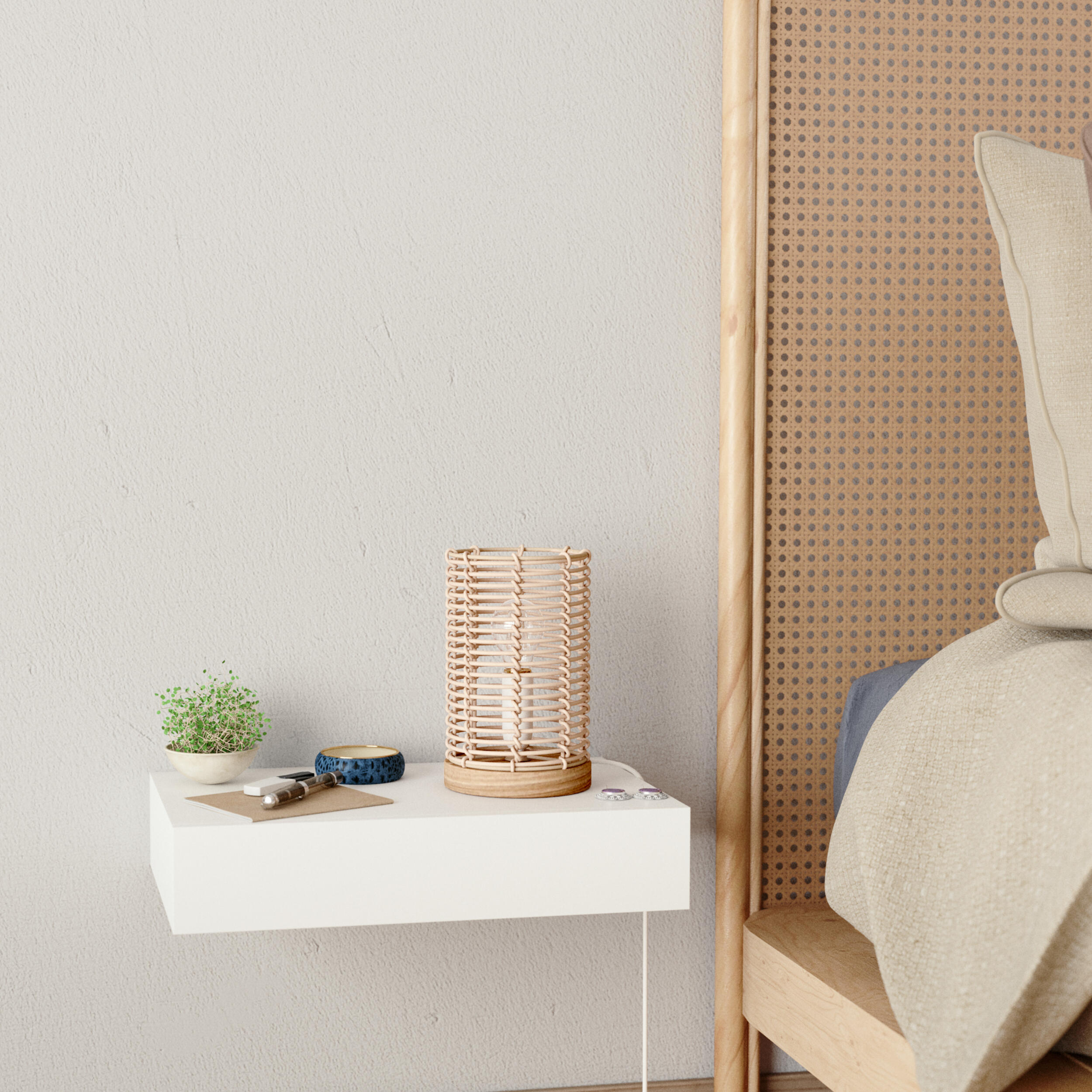 Lámpara de mesa compatible con casquillo E14 Poppy INSPIRE con estructura madera beige pantalla beige de mimbre alimentación a red - 10