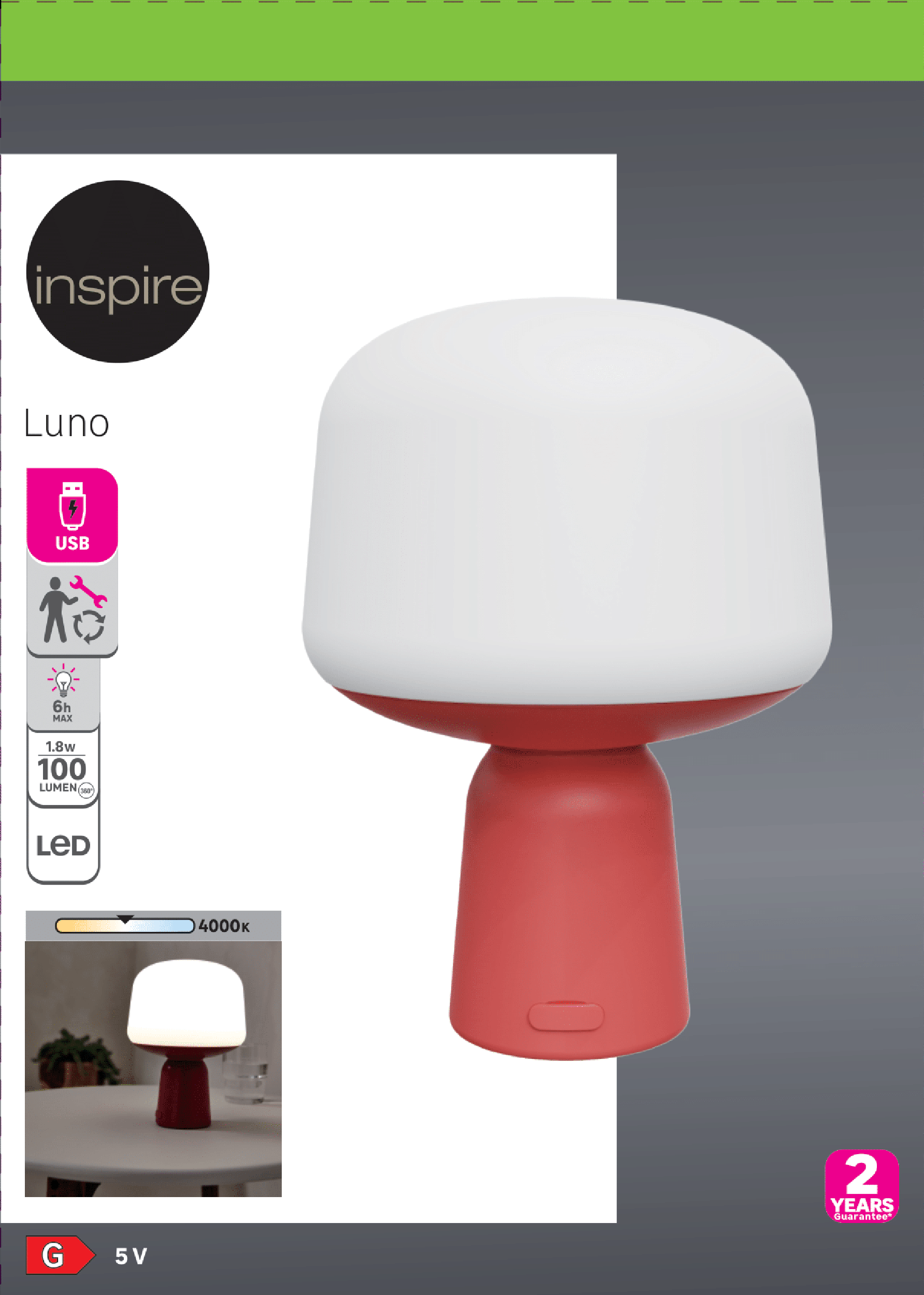 Lámpara de mesa sin cable LED Luno INSPIRE con estructura terracota pantalla blanca luz neutra 4000K - 6
