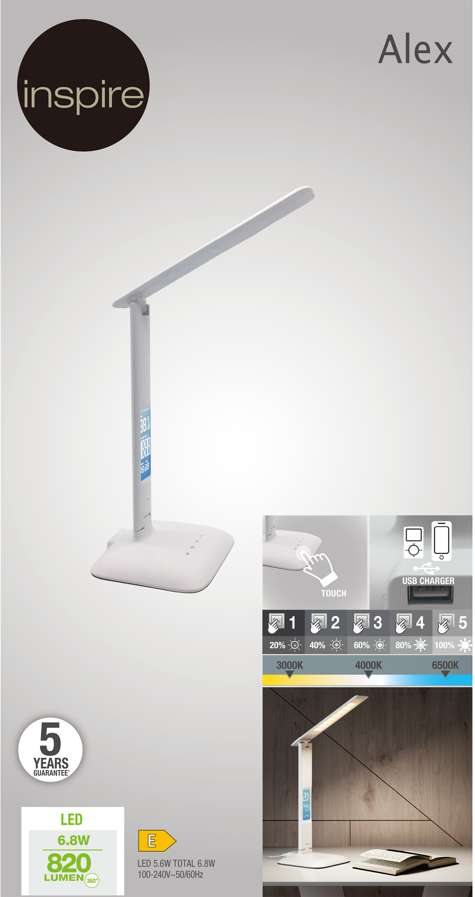 Flexo para escritorio táctil LED Alex INSPIRE con estructura blanca CCT 3000K-6500K alimentación a red - 3