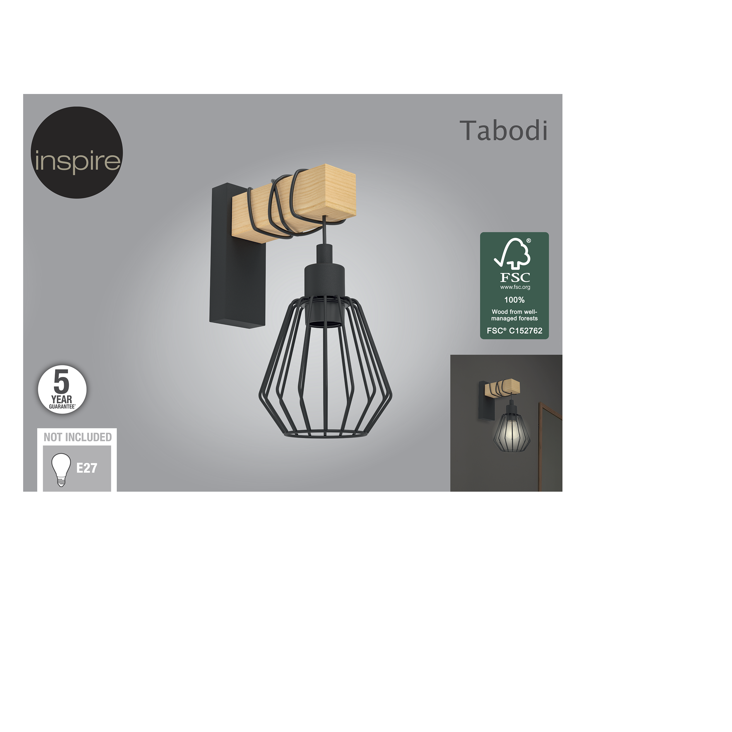 Kinkiet Tabodi czarny z drewnem E27 Inspire - 26