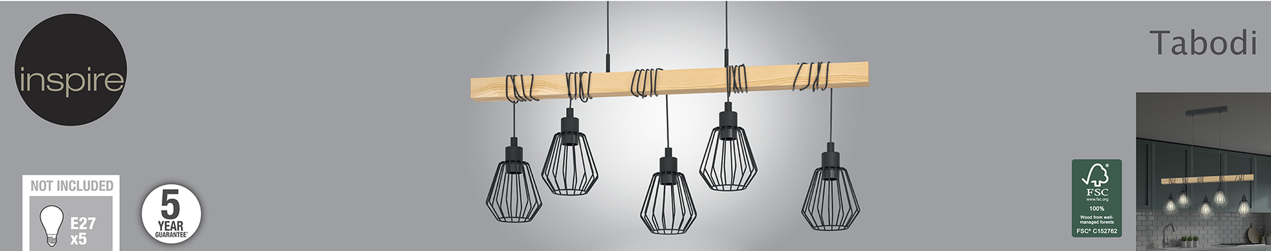 Lampa wisząca Tabodi czarna z drewnem 5 x E27 Inspire - 14