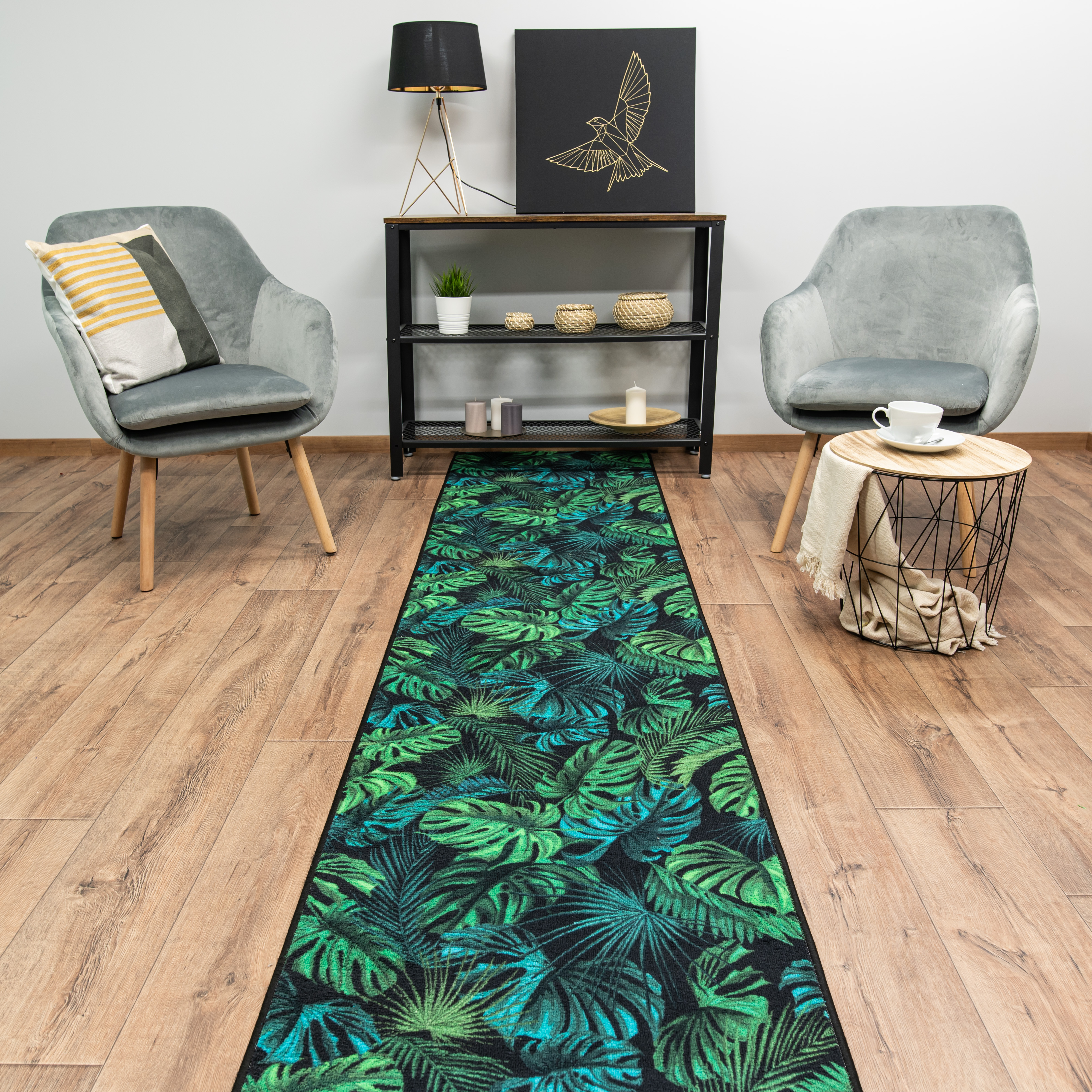 Chodnik dywanowy na mb Monstera zielony w liście szer. 80 cm