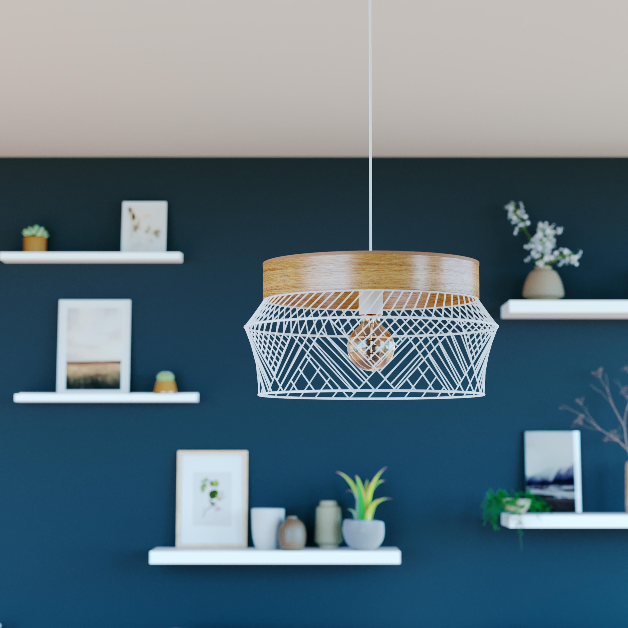 Lampa wisząca Kanel biała z drewnem E27 Inspire - 14