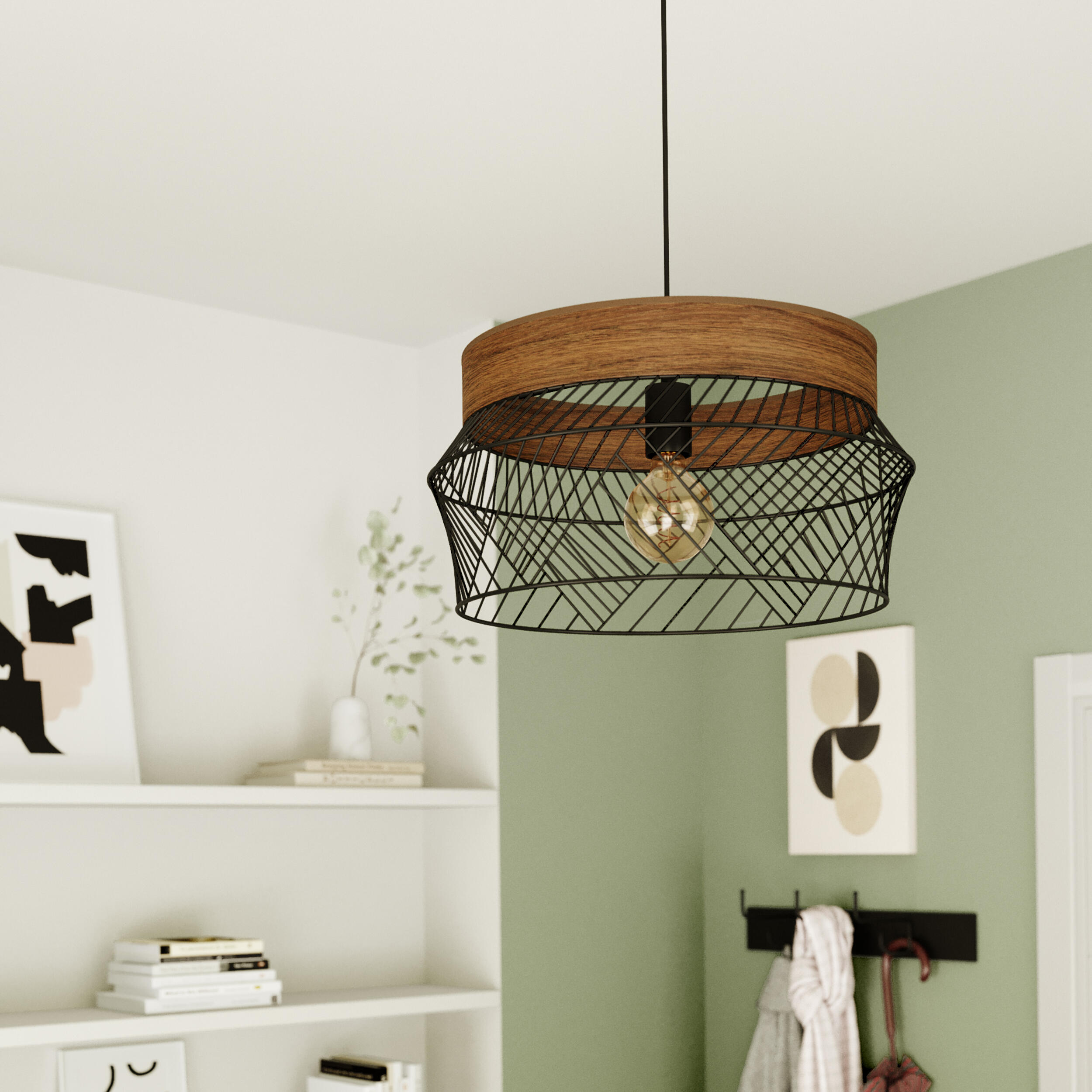 Lampa wisząca Kanel czarna z drewnem E27 Inspire - 7