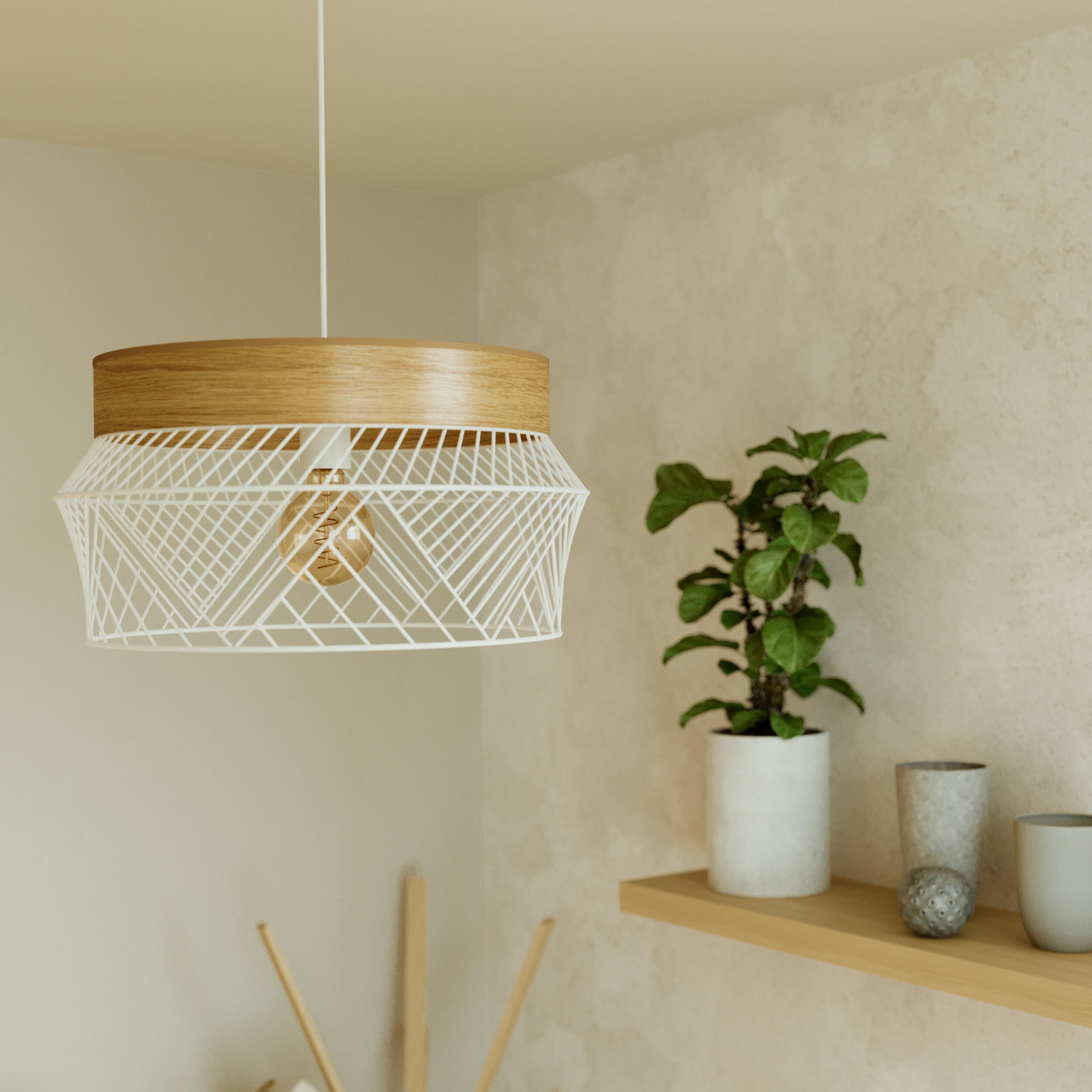 Lampa wisząca Kanel biała z drewnem E27 Inspire - 11