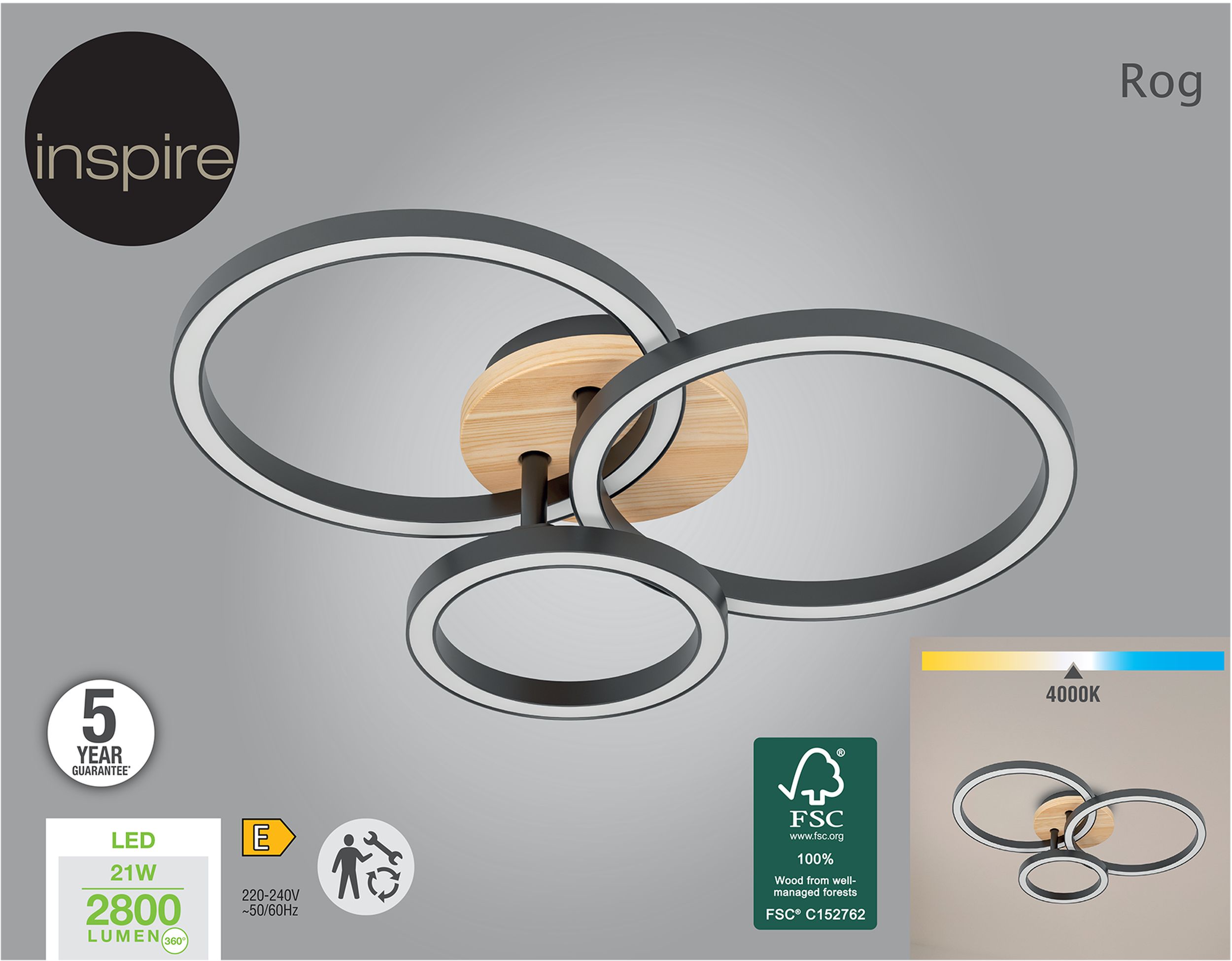 Plafon Rog czarny z drewnem LED Inspire - 10