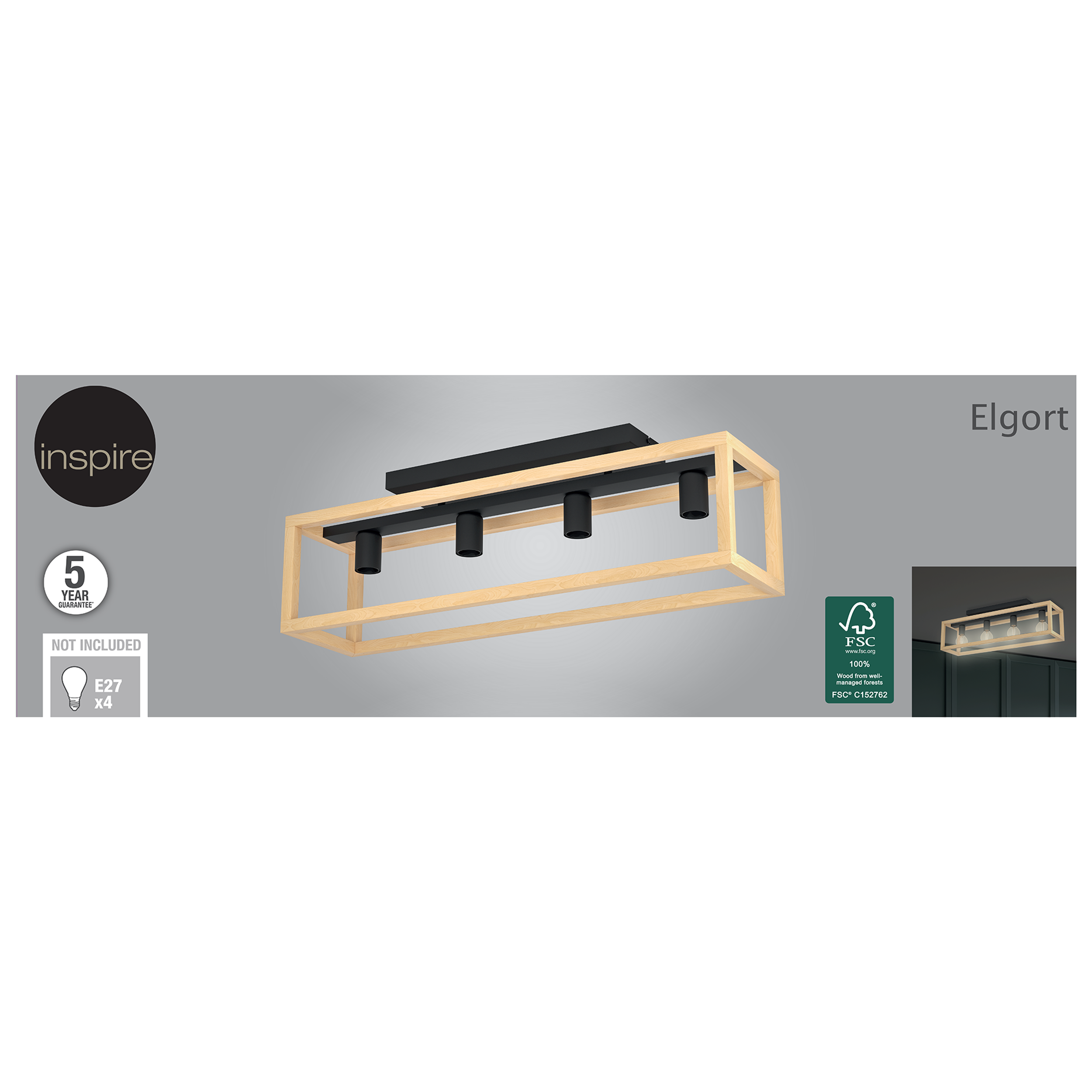 Lampa sufitowa Elgort czarna z drewnem 4 x E27 Inspire - 14