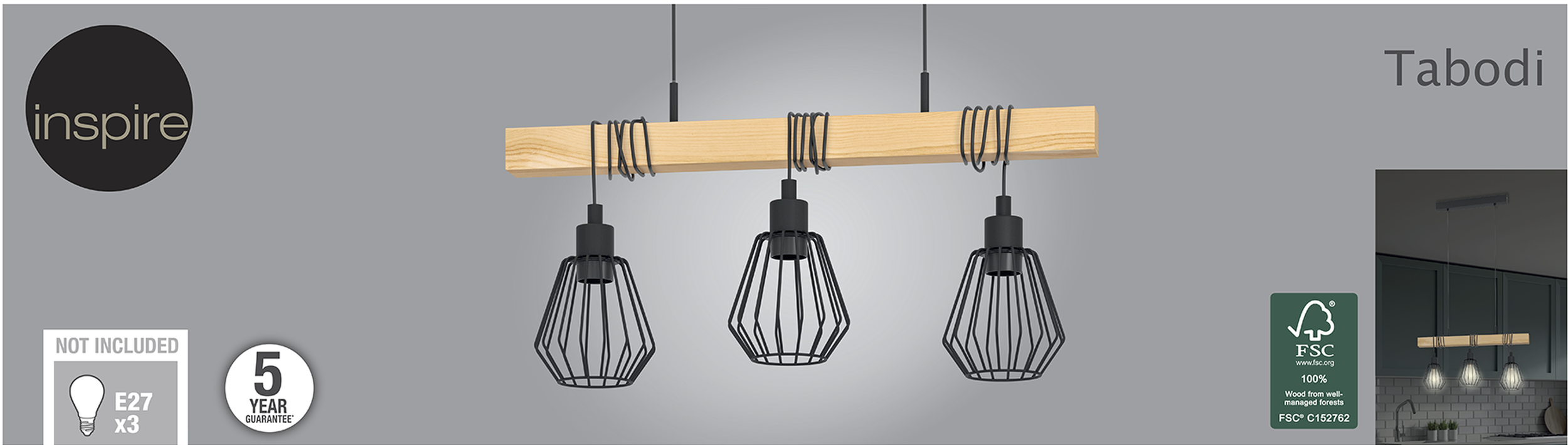 Lampa wisząca Tabodi czarna z drewnem 3 x E27 Inspire - 14