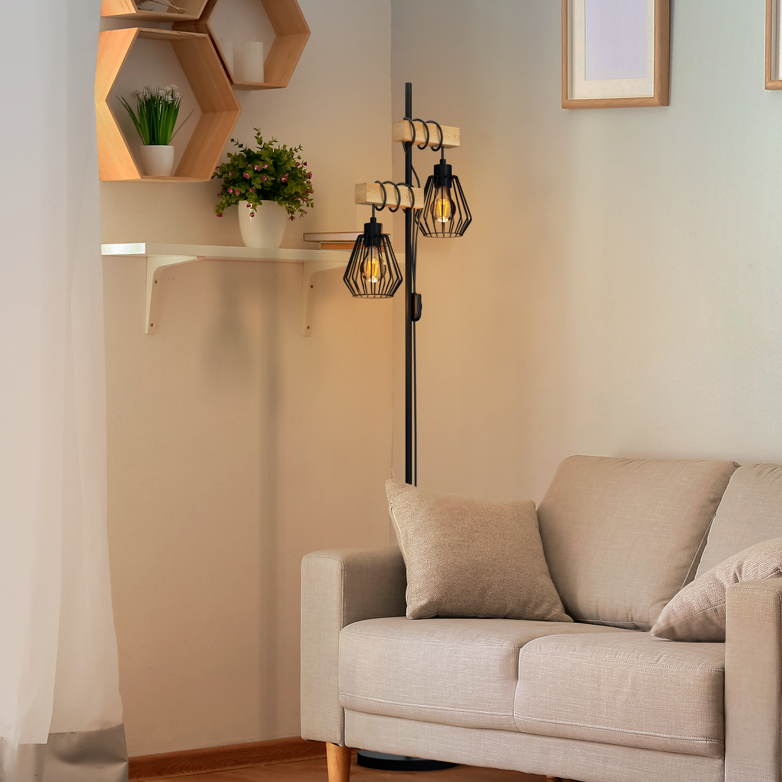 Lampa podłogowa Tabodi czarna z drewnem 2 x E27 Inspire - 4