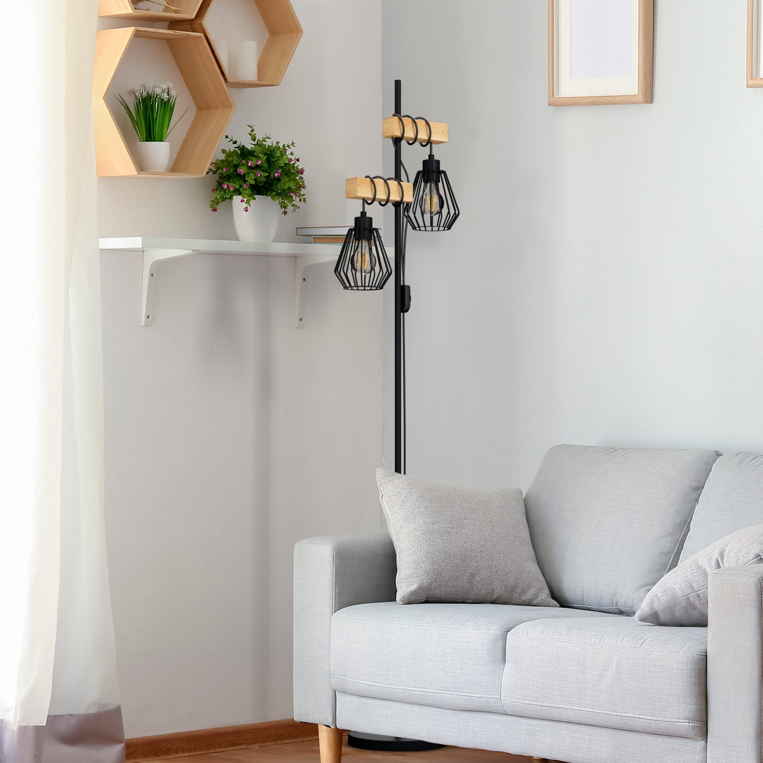 Lampa podłogowa Tabodi czarna z drewnem 2 x E27 Inspire - 3