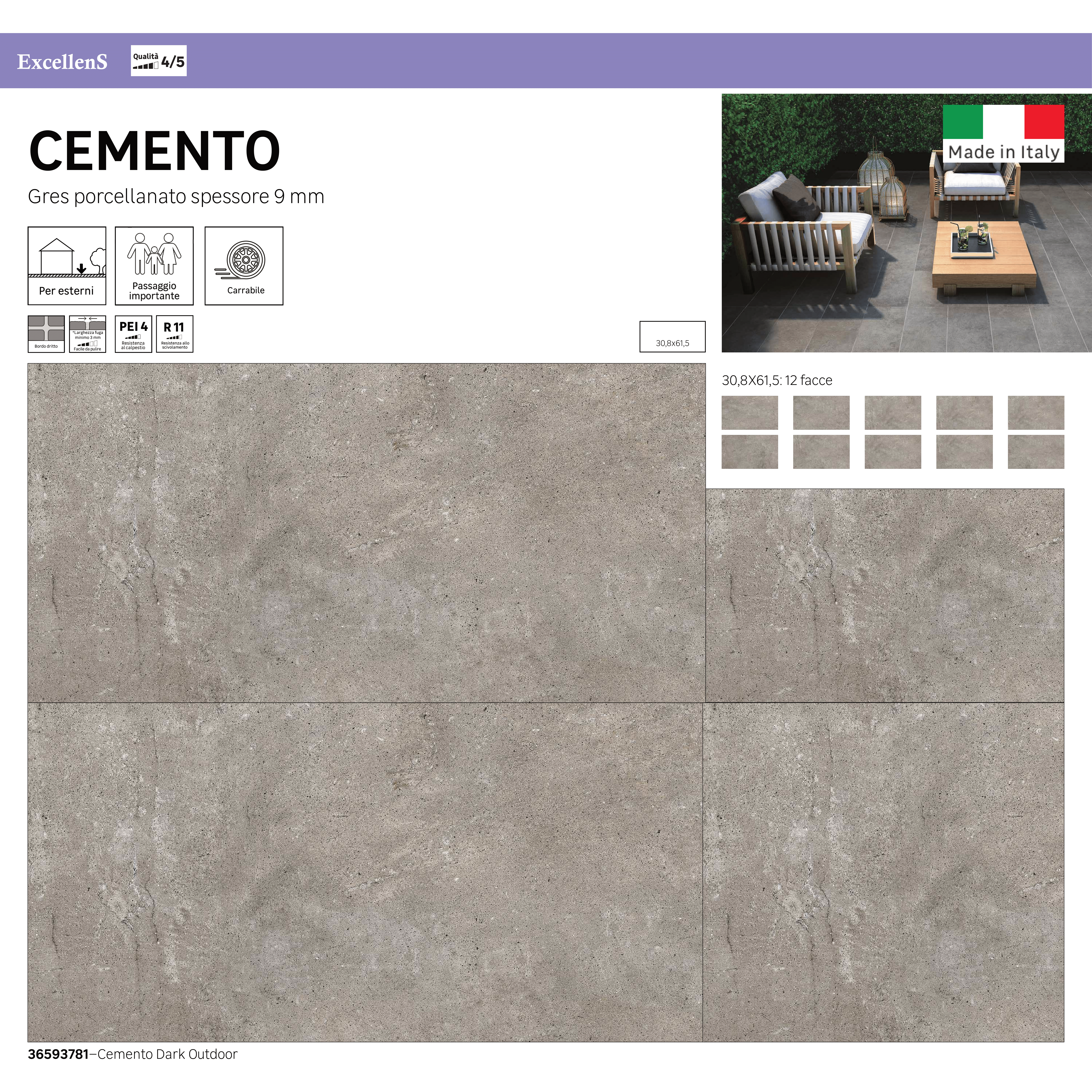 Piastrella da pavimento e rivestimento esterno 30 x 61.5 cm Sp. 9 mm Cemento Dark in gres porcellanato grigio opaco traffico medio (pei 2/5) R11 1.3 mq - 7
