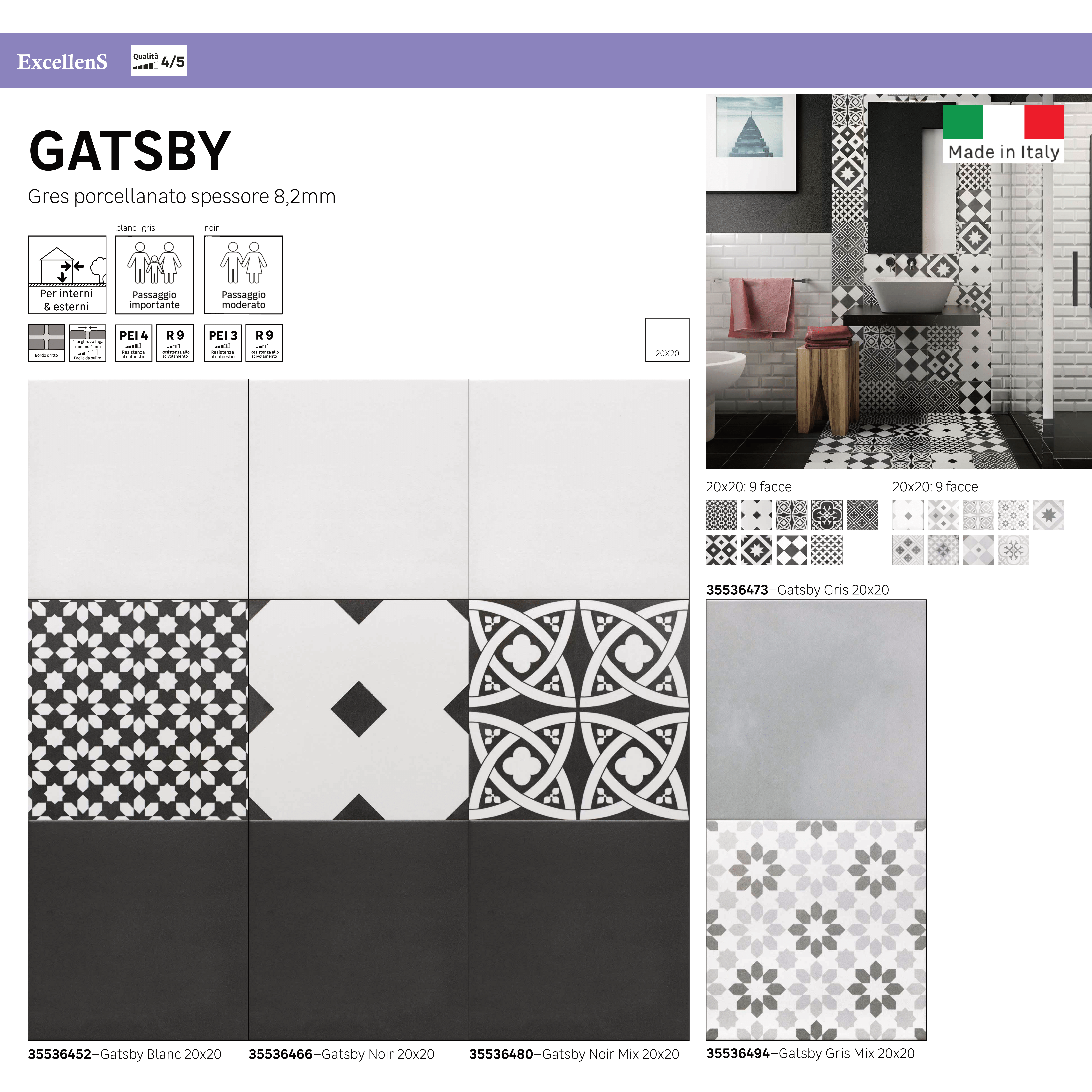 Piastrella da pavimento e rivestimento interno 20 x 20 cm Sp. 8.2 mm Gatsby in gres porcellanato smaltato nero opaco traffico medio forte (pei 3/5) 1.42 mq - 12