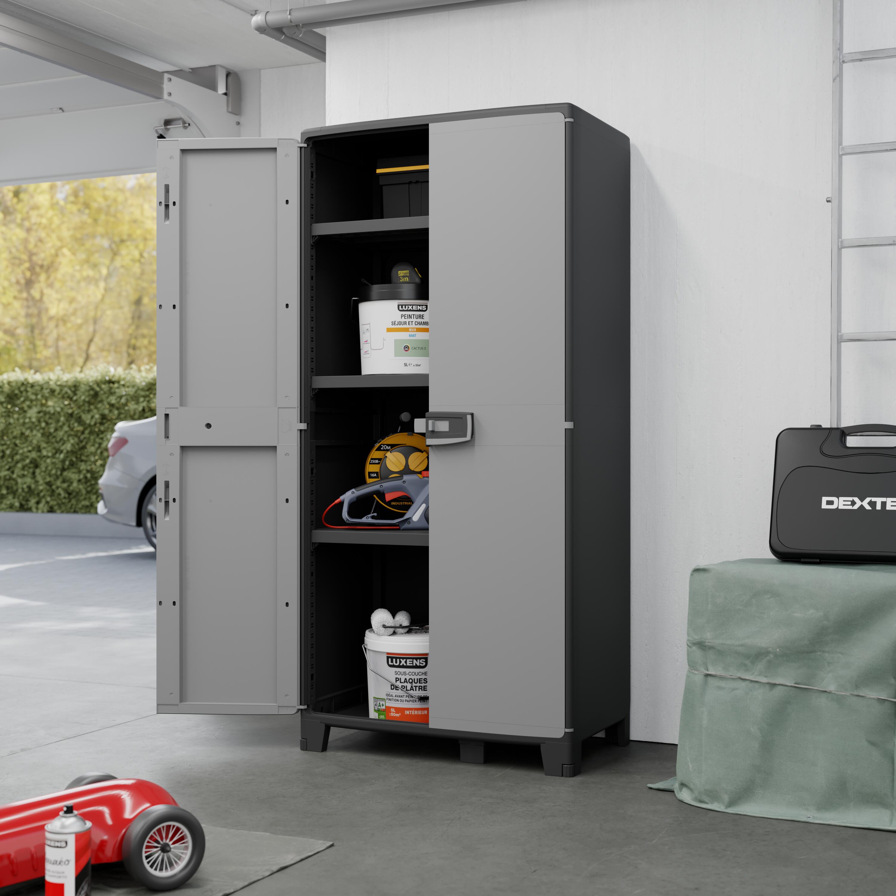 Armadio per scope Excellence SPACEO in polipropilene, grigio e nero L 85 x H 180 x P 52 cm 2 ante, adatto per interno/esterno - 5