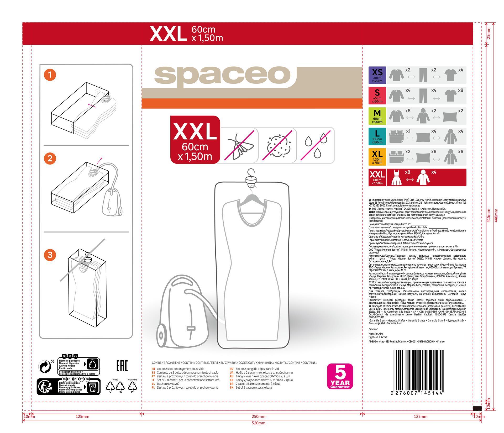 Pack 2 sacos vácuo SPACEO 60X150CM - 10
