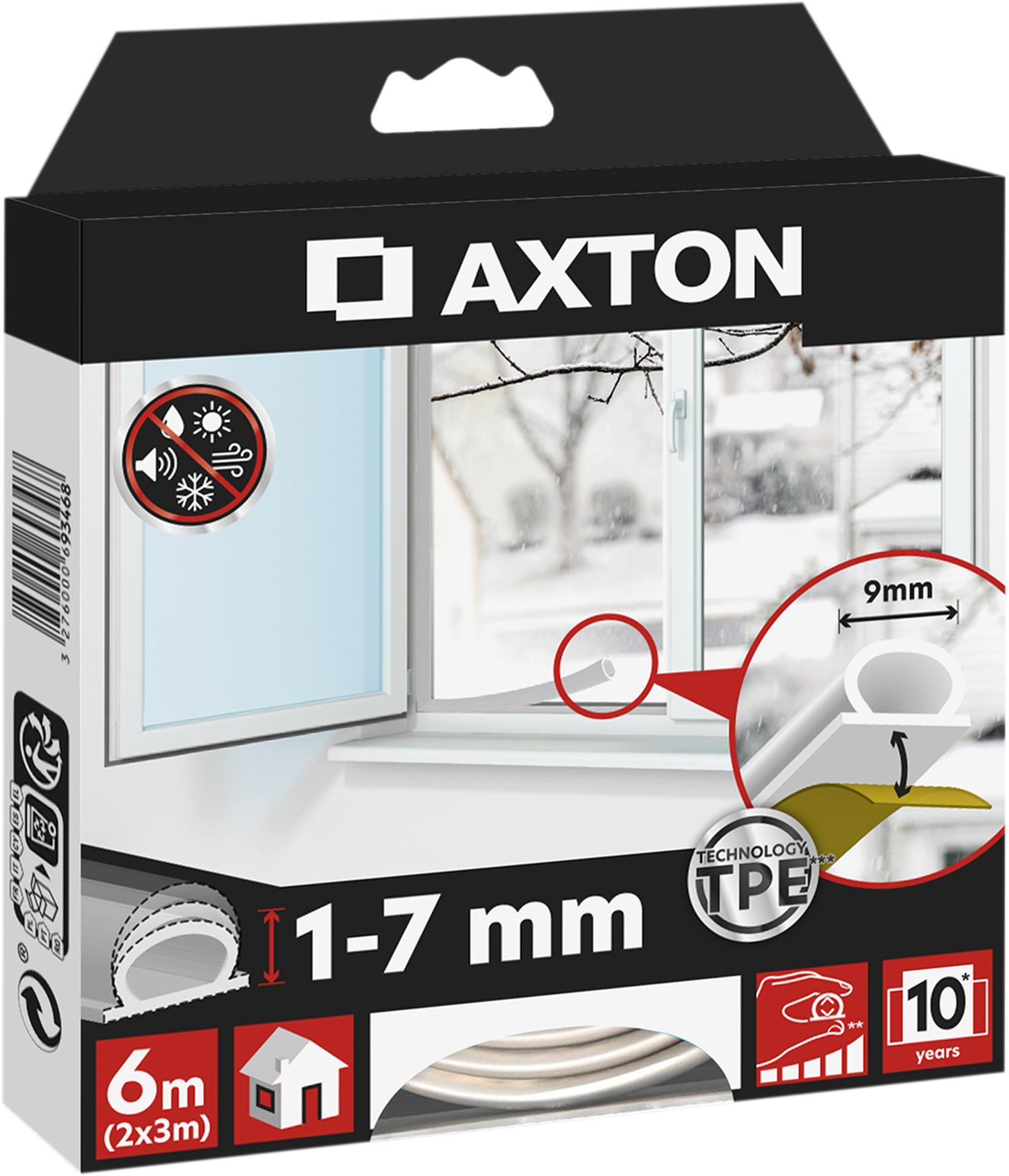 Burlete para ventanas y puertas AXTON adhesivo en color blanco, 9 mm de anchura x 6 m de longitud. Impide el paso del agua. Perfil junta O. Recortable. Tipo de instalación encolado.  - 8