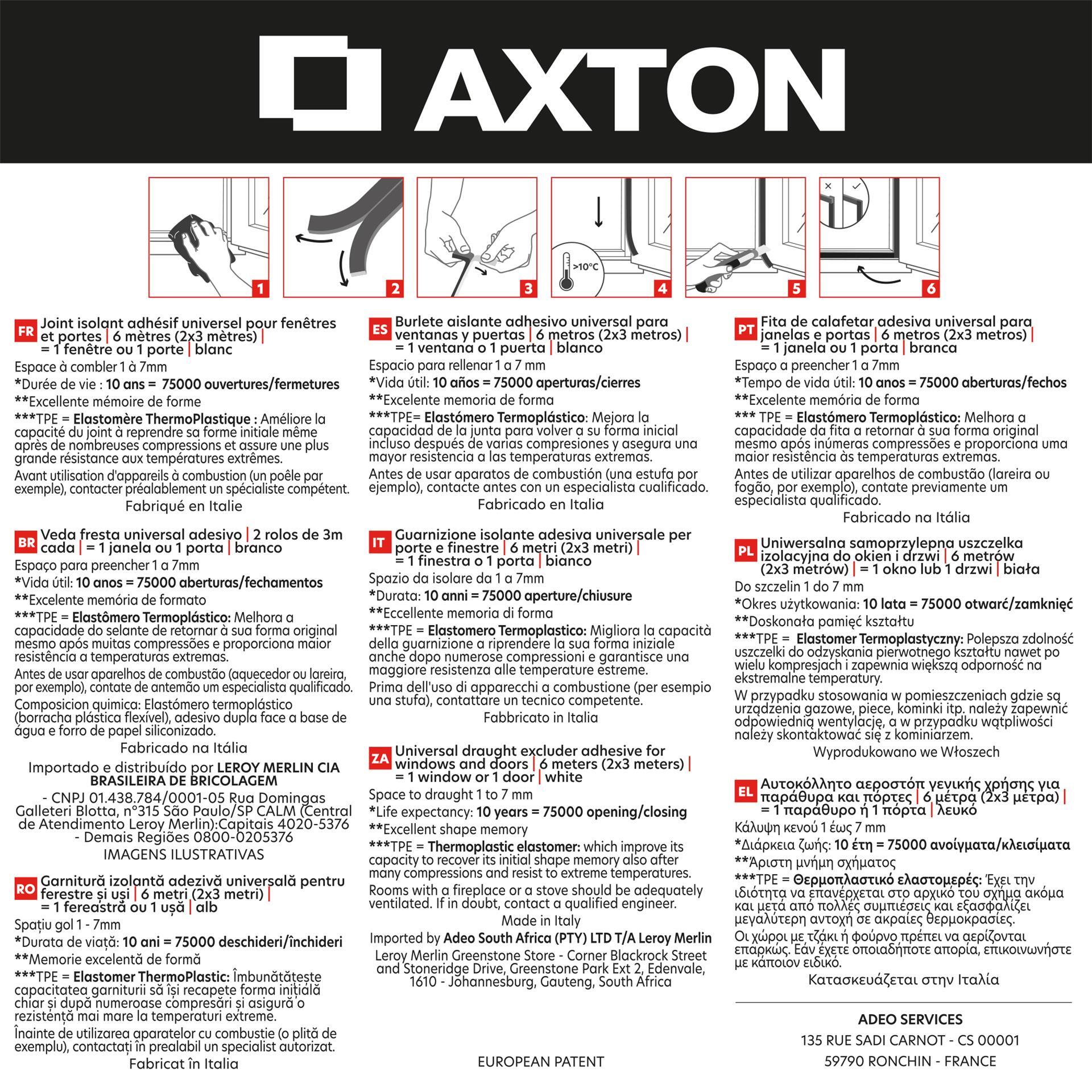 Burlete para ventanas y puertas AXTON adhesivo en color blanco, 9 mm de anchura x 6 m de longitud. Impide el paso del agua. Perfil junta O. Recortable. Tipo de instalación encolado.  - 5