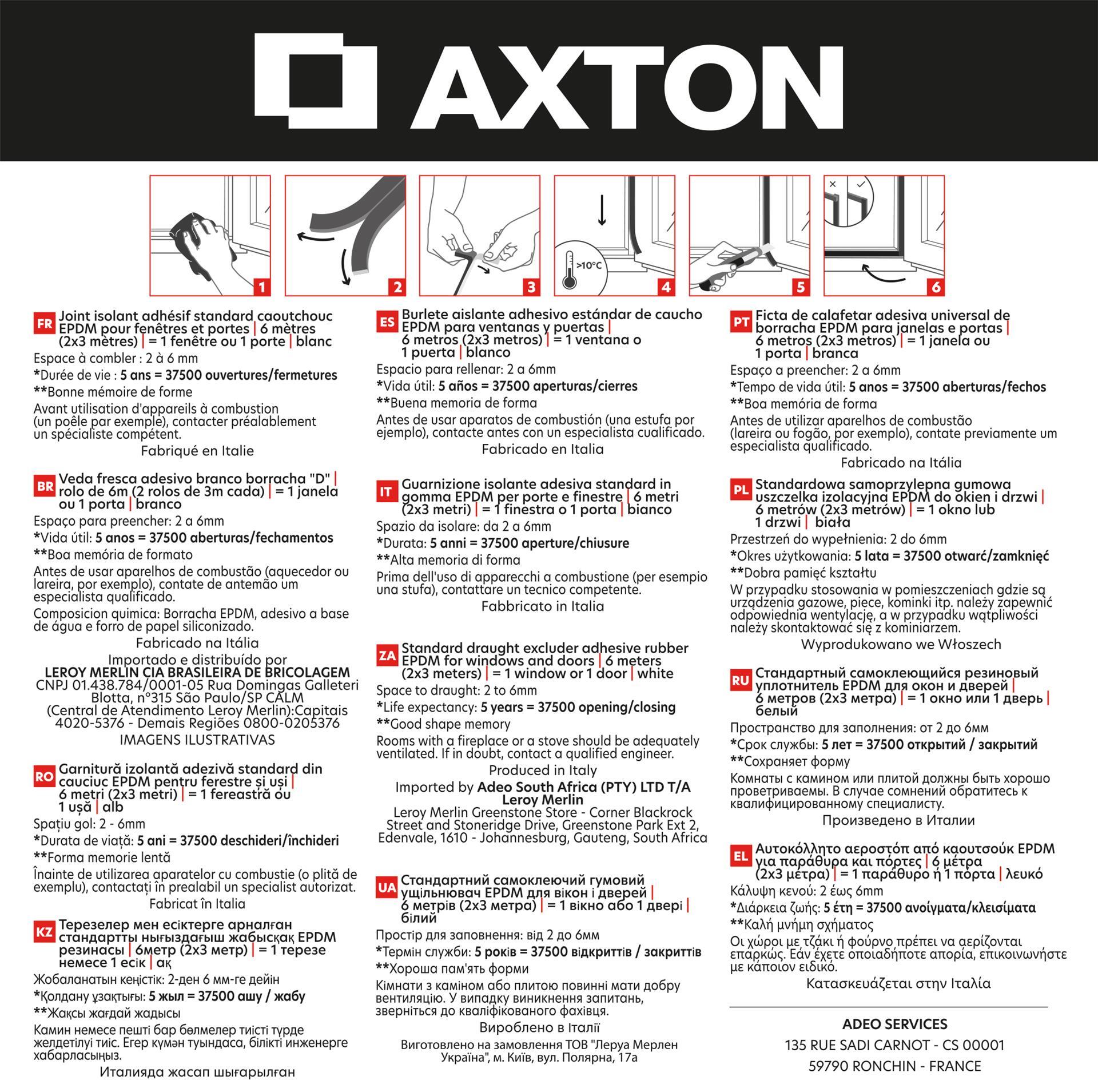 Burlete para ventanas y puertas AXTON adhesivo en color blanco, 9 mm de anchura x 6 m de longitud. Impide el paso del agua. Perfil junta D. Recortable. Tipo de instalación encolado. - 5