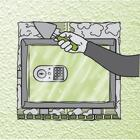 Imagem de cofre embutido na parede em que o revestimento da mesma está a ser colocado com o auxílio de uma pá de pedreiro