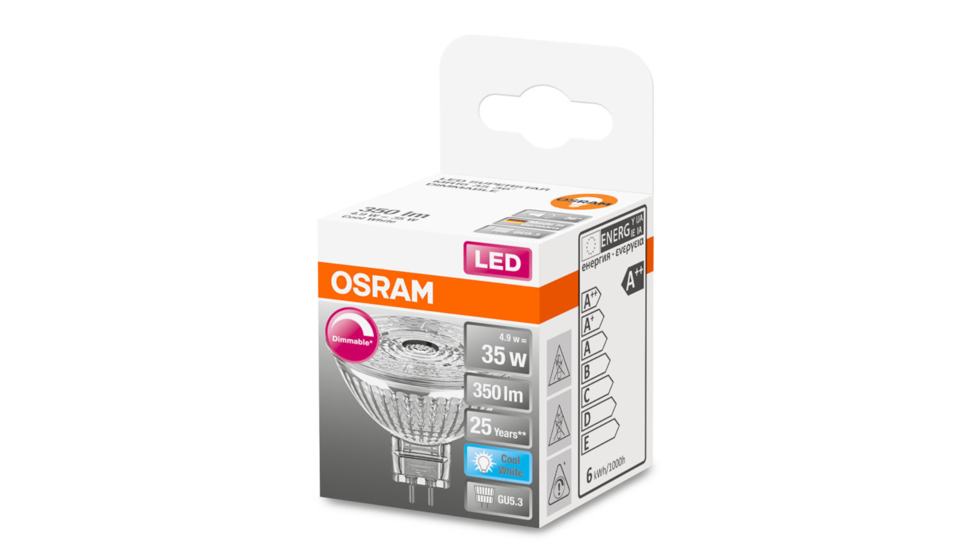 Lampadina LED, GU5.3 faretto, trasparente, luce naturale, 4.9W= 350 LM (equiv 35 W), 36° dimmerabile, OSRAM - 5