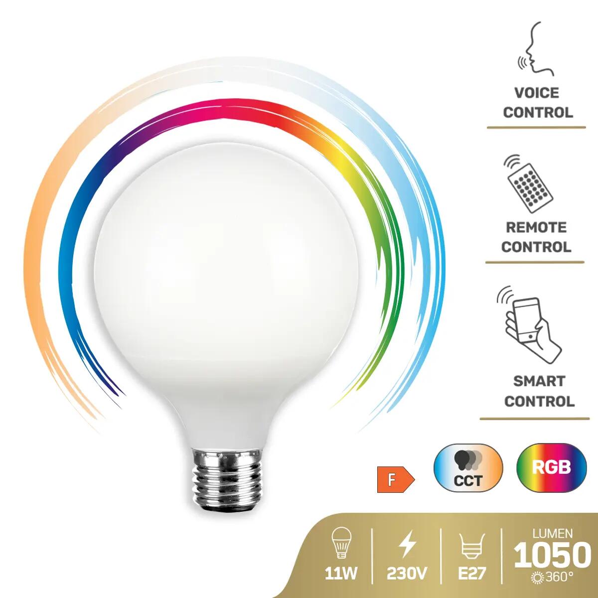 Lampadina LED Hey Globe, E27 globo, opaco, luce CCT e RGB, 11W = 1050 LM (equiv 75 W), 200°, ON - 4