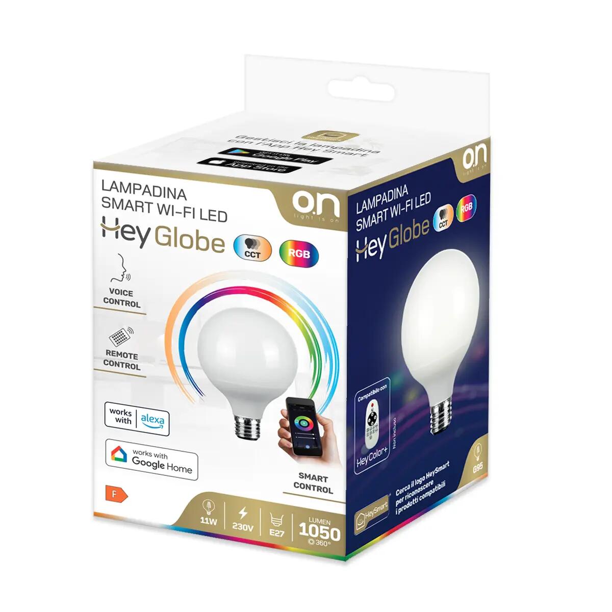 Lampadina LED Hey Globe, E27 globo, opaco, luce CCT e RGB, 11W = 1050 LM (equiv 75 W), 200°, ON - 6