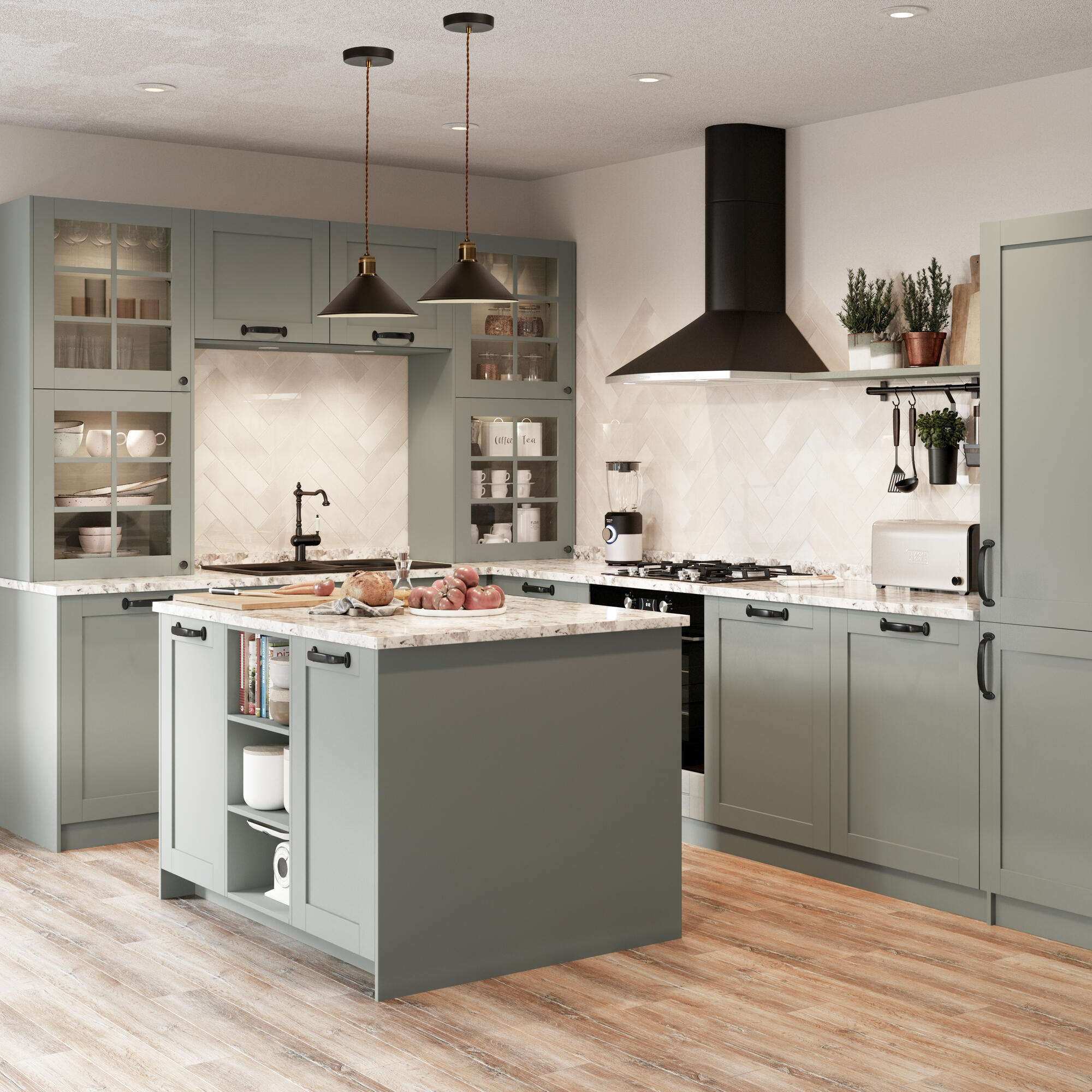 Una cocina abierta al salón con isla en color aguamarina Leroy Merlin