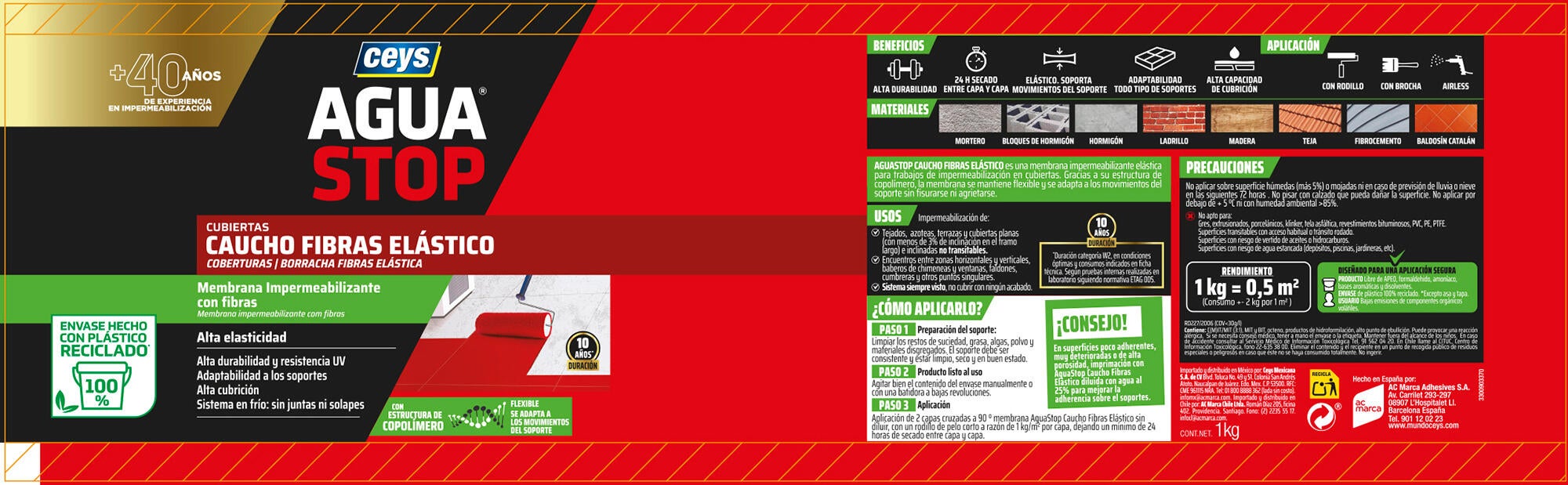 Pintura impermeabilizante exterior AGUASTOP Caucho color rojo para balcones multimaterial 1KG. Acrílico. Para impermeabilizar. - 3