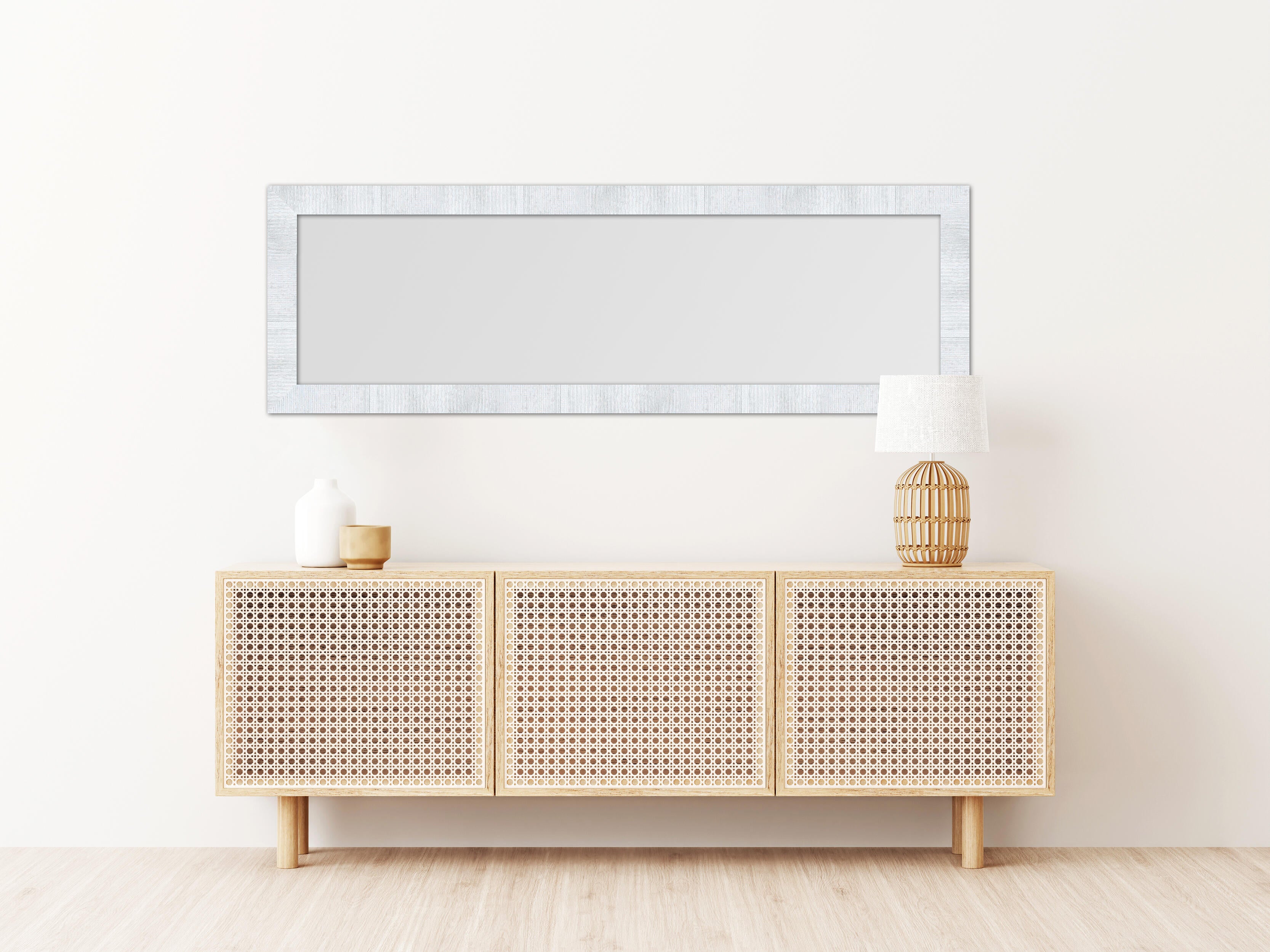 Espejo enmarcado rectangular relieve rayas blanco 47 x149 cm