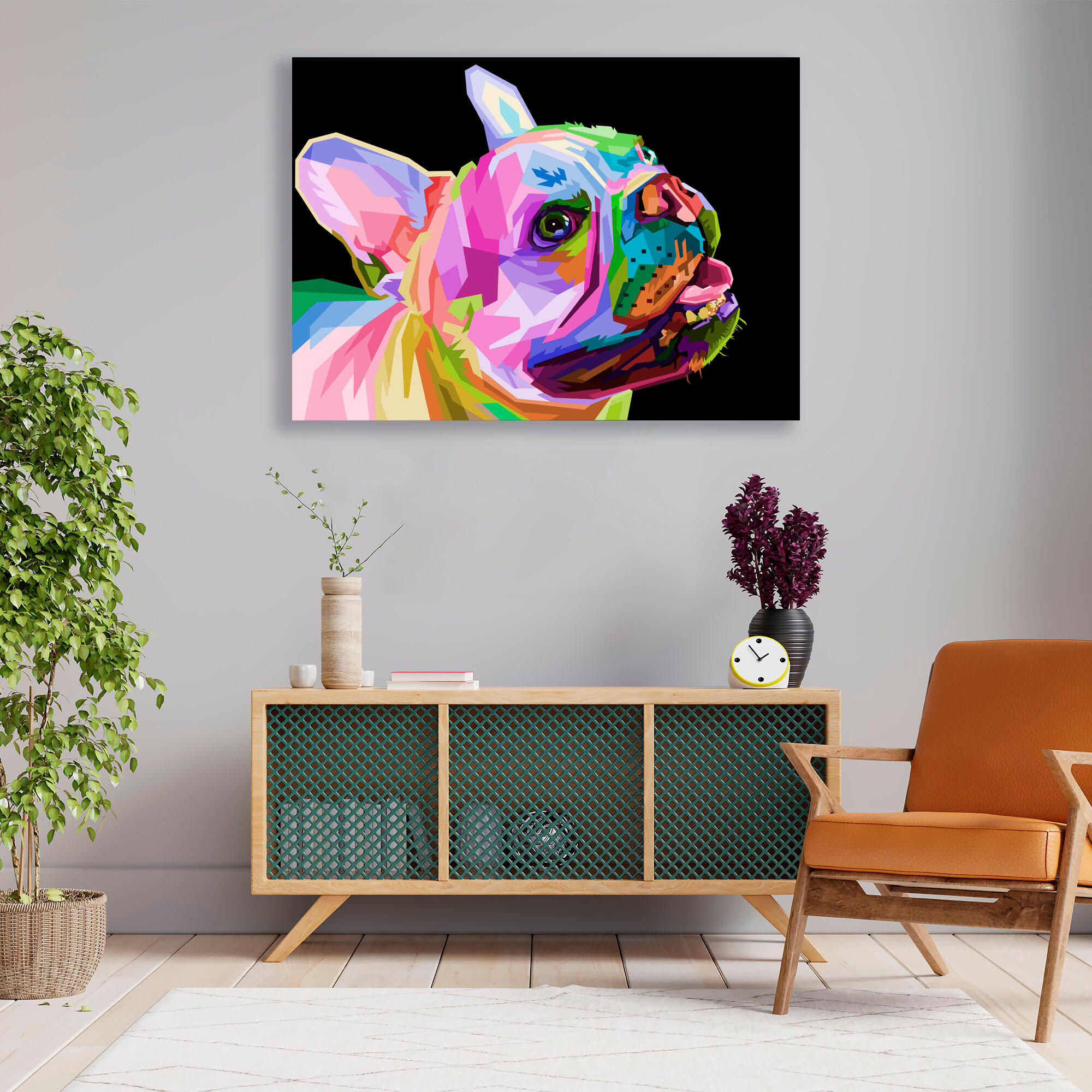 Pintura impresa sin marco animales rectangular de 140 x 100 cm. loneta perro verde morado y azul