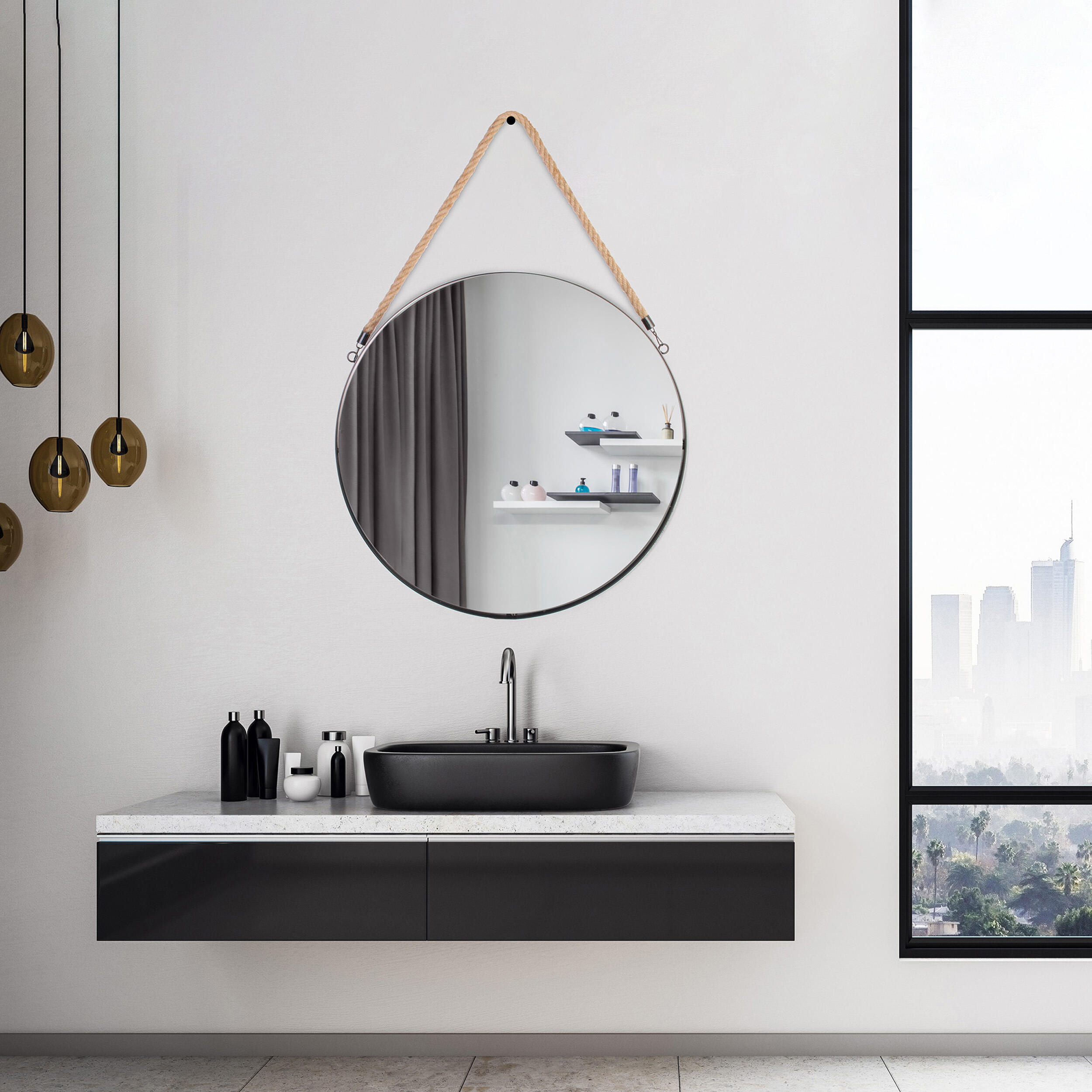 Espejo enmarcado de pared redondo metal negro mate de 50x65 cm - 3
