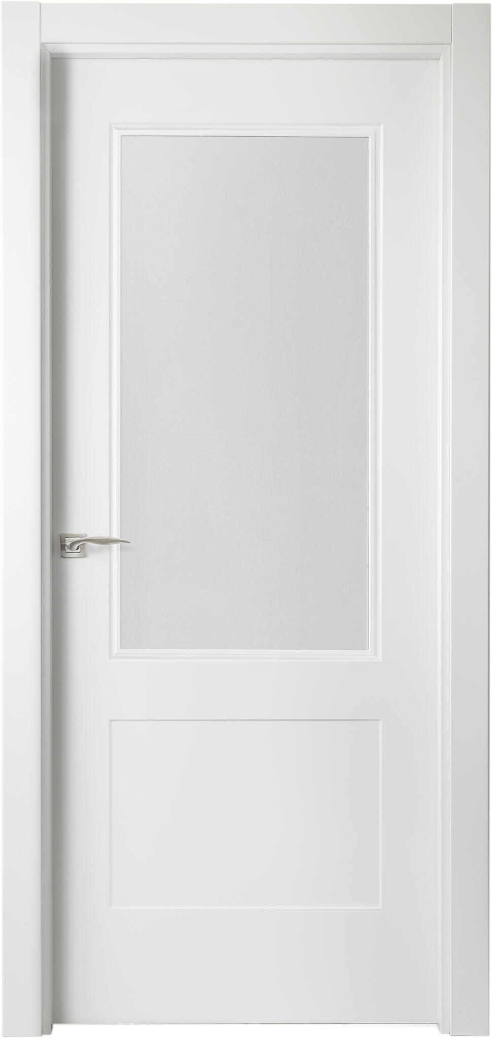 Puerta de interior abatible vidriera con cristal incluido estructura maciza acabado lacado serie line plus atlanta blanco apertura derecha cerco de 70 x 30 anchura 72.5 cm