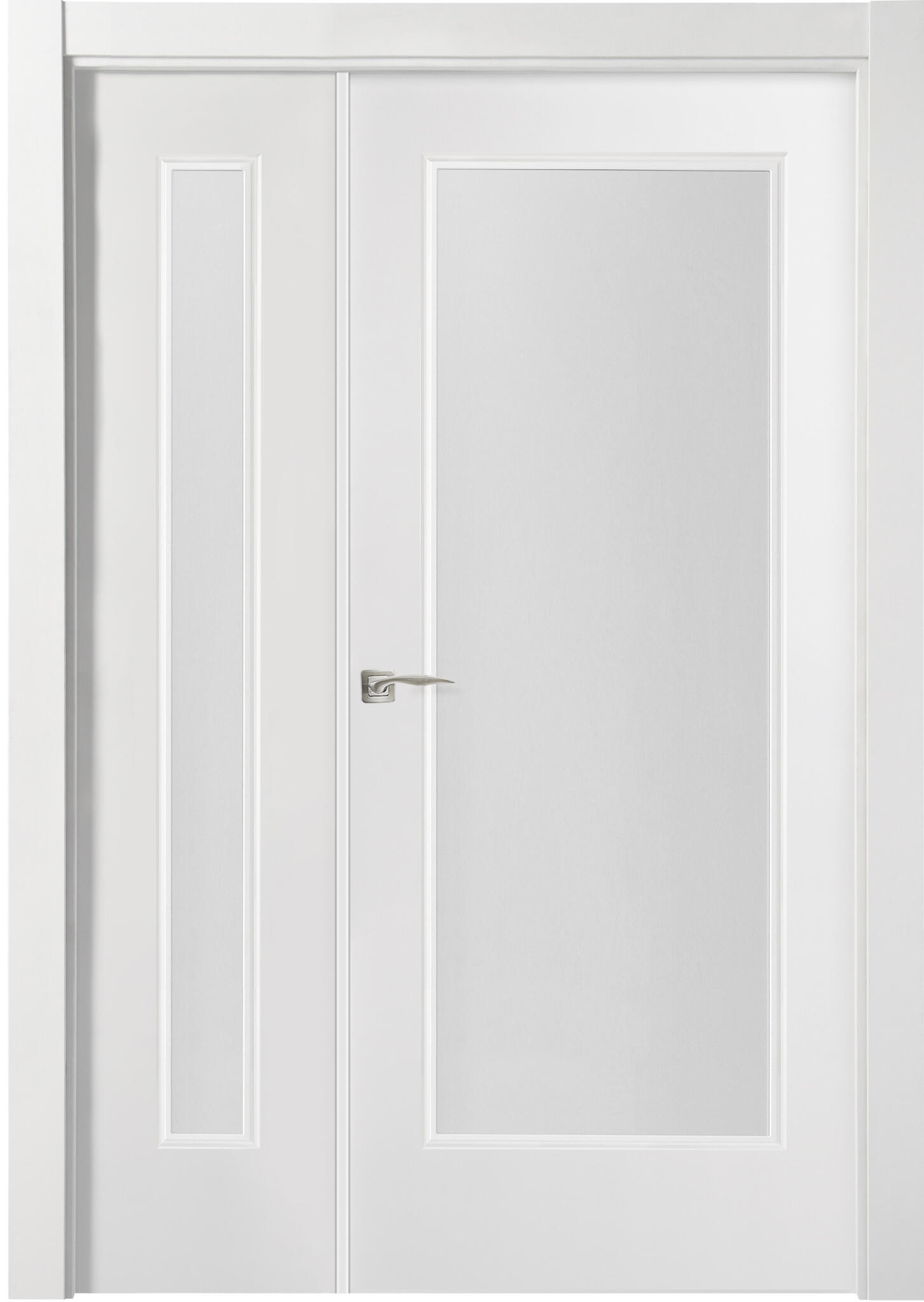 Puerta de interior abatible doble vidriera con fijo con cristal incluido estructura maciza acabado laminado serie line plus tacoma blanco apertura derecha cerco de 70 x 30 anchura 125 cm
