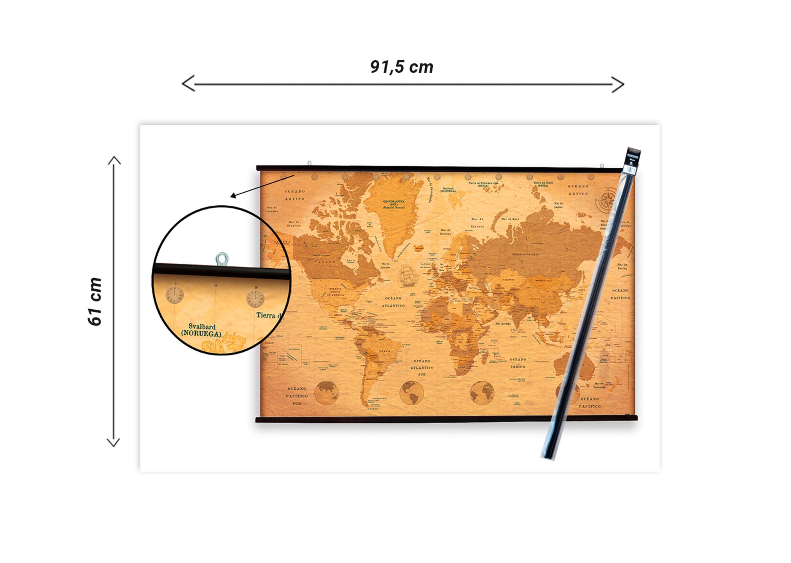 Póster con colgador Objetos rectangular de 61 x 91.5 cm. Papel Mapa Mundo Vintage multicolor - 2