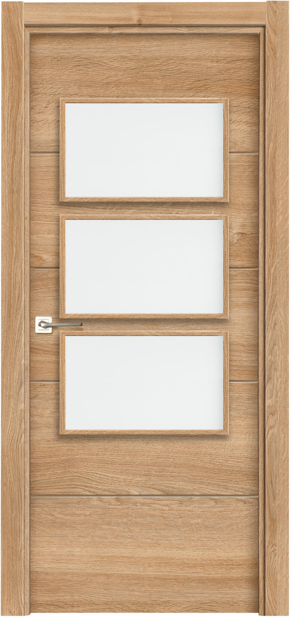 Puerta de interior abatible vidriera con cristal incluido estructura maciza acabado laminado serie line berna nature roble apertura derecha cerco de 70 x 30 anchura 72.5 cm