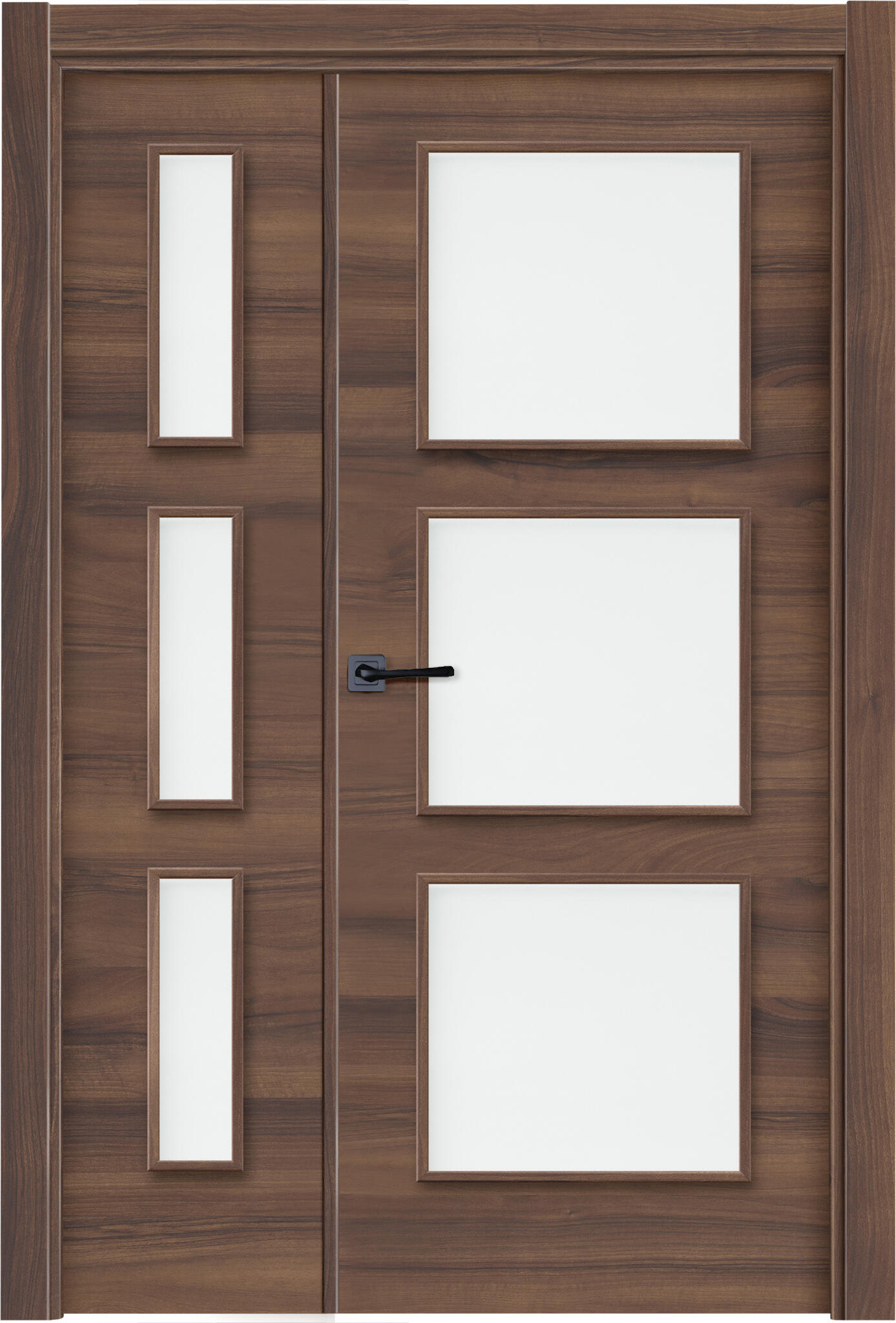 Puerta de interior abatible doble vidriera con fijo con cristal incluido maciza acabado laminado line plus oslo usa nogal apertura derecha cerco de 7x3 anchura 115 cm