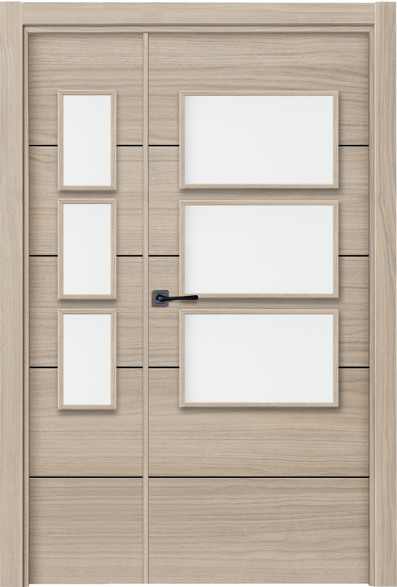 Puerta de interior abatible doble vidriera con fijo con cristal incluido estructura maciza acabado laminado serie line berna loft roble apertura derecha cerco de 70 x 30 anchura 105 cm