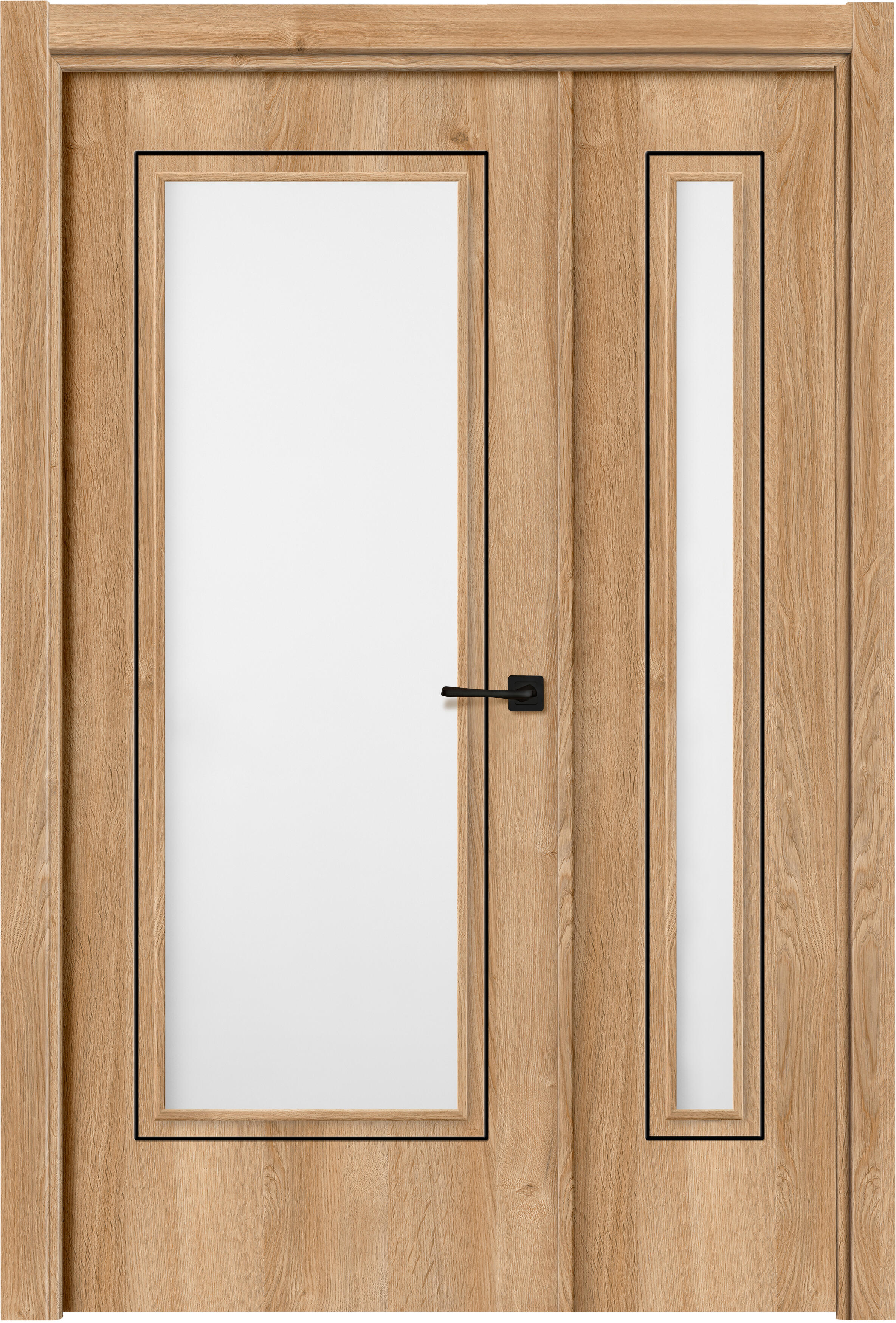 Puerta de interior abatible doble vidriera con fijo con cristal incluido estructura maciza acabado laminado serie line plus tacoma roble apertura izquierda cerco de 90 x 30 anchura 105 cm