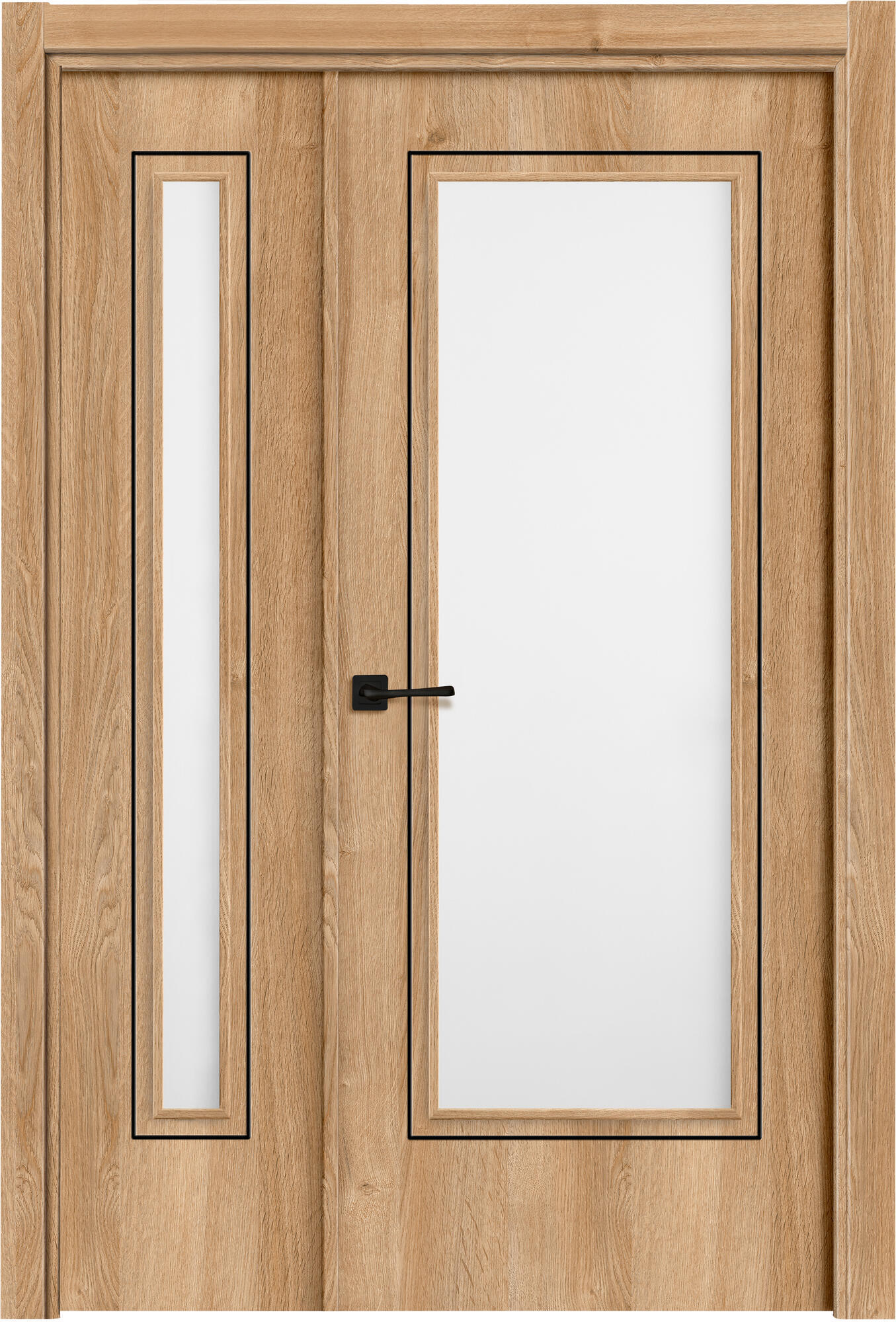 Puerta de interior abatible doble vidriera con fijo con cristal incluido estructura maciza acabado laminado serie line plus tacoma roble apertura derecha cerco de 90 x 30 anchura 105 cm