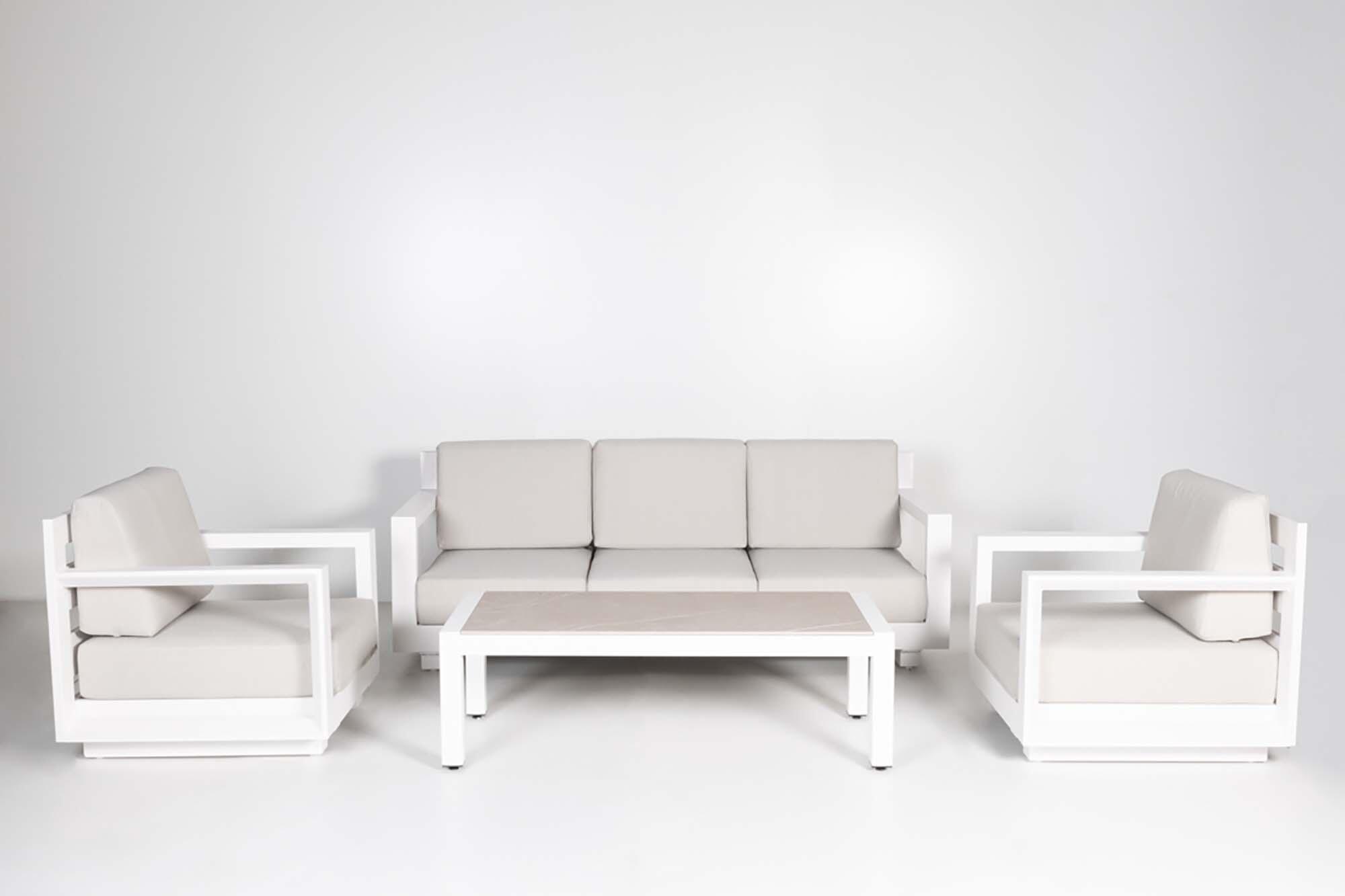 Mesa auxiliar de aluminio y cerámica Luca blanco Taupe de 132x42x60 cm - 18