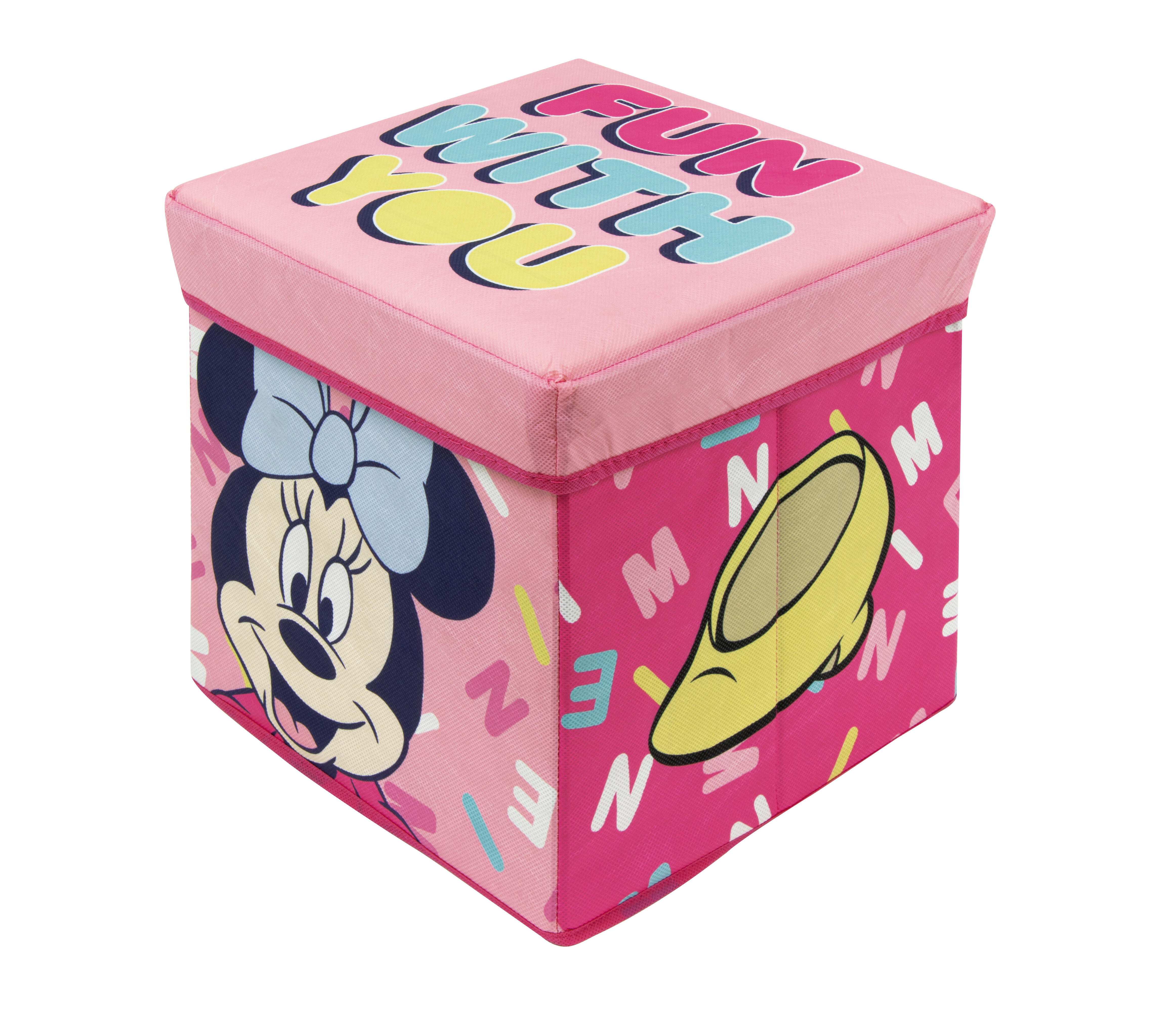 Contenedor taburete cuadrado plegable de minnie mouse rosa de 30x30x30cm
