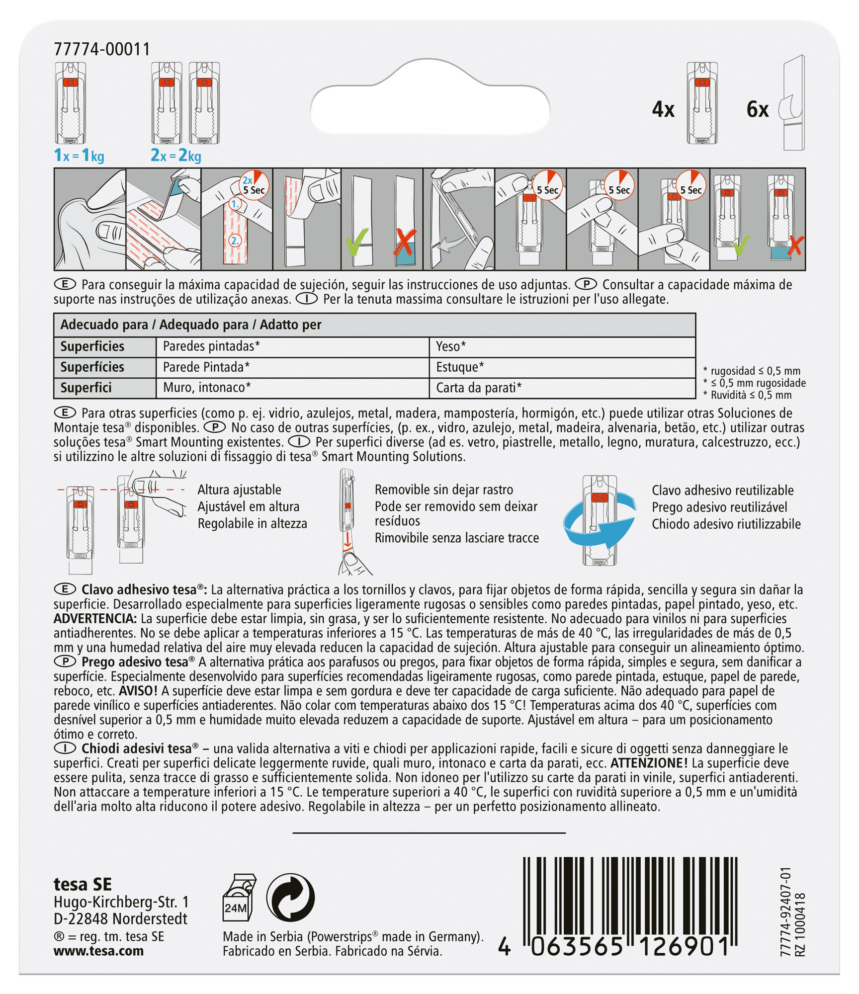 4 Pregos adesivos ajustáveis para paredes pintadas 1 kg Tesa Powerstrips - 5
