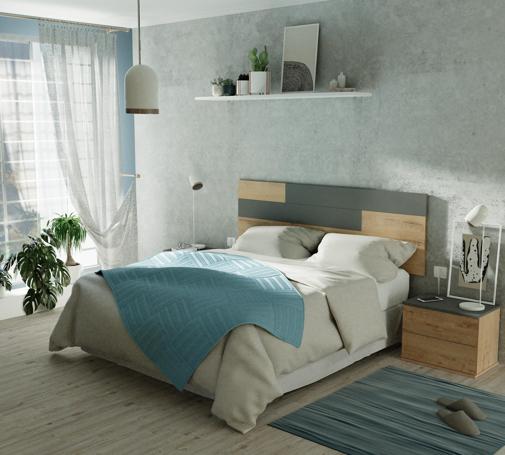 Set de cabecero de cama con dos mesas de noche erika color roble y gris